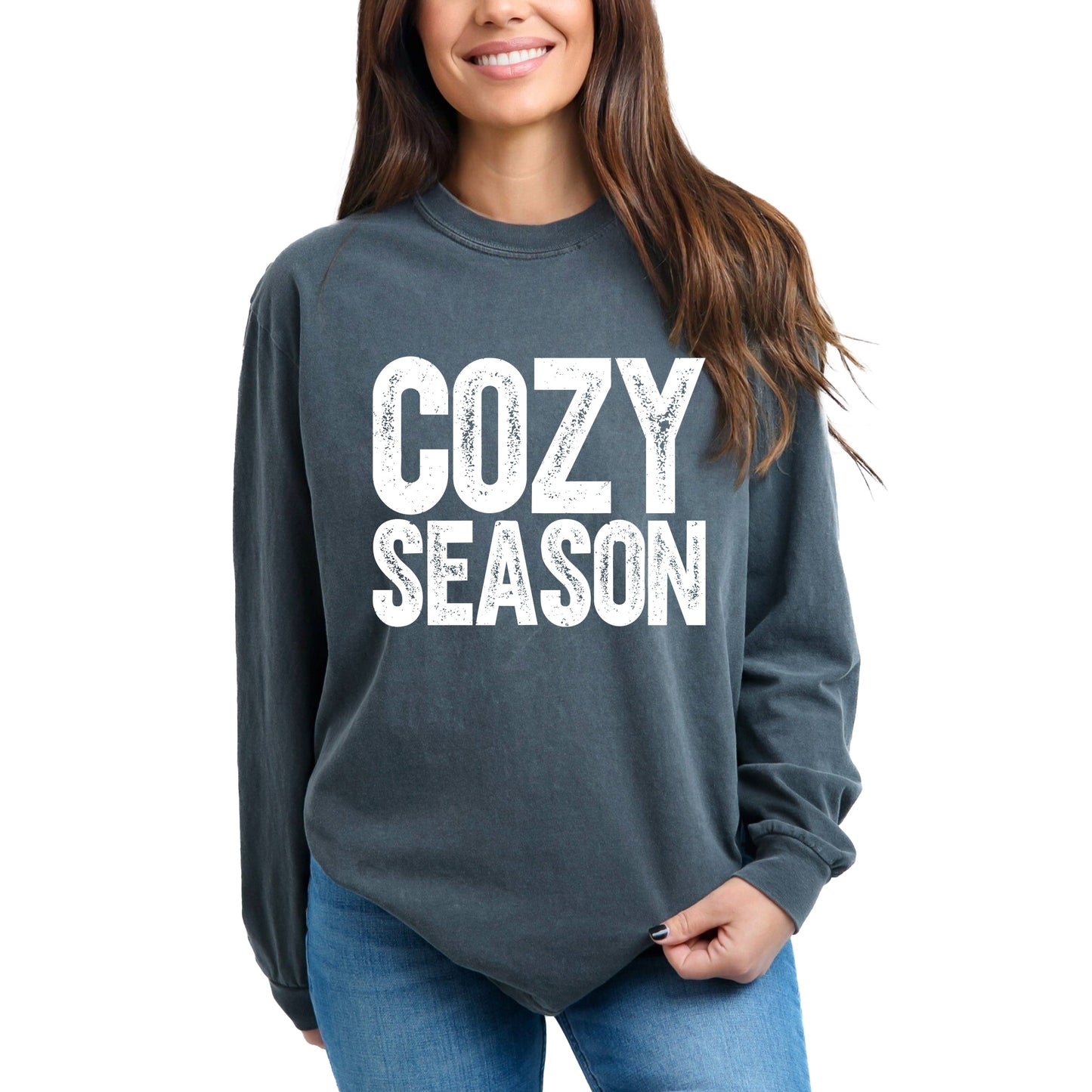 Cozy Season Bold Distressed - Women's Garment Dyed Long Sleeve Graphic T-Shirt