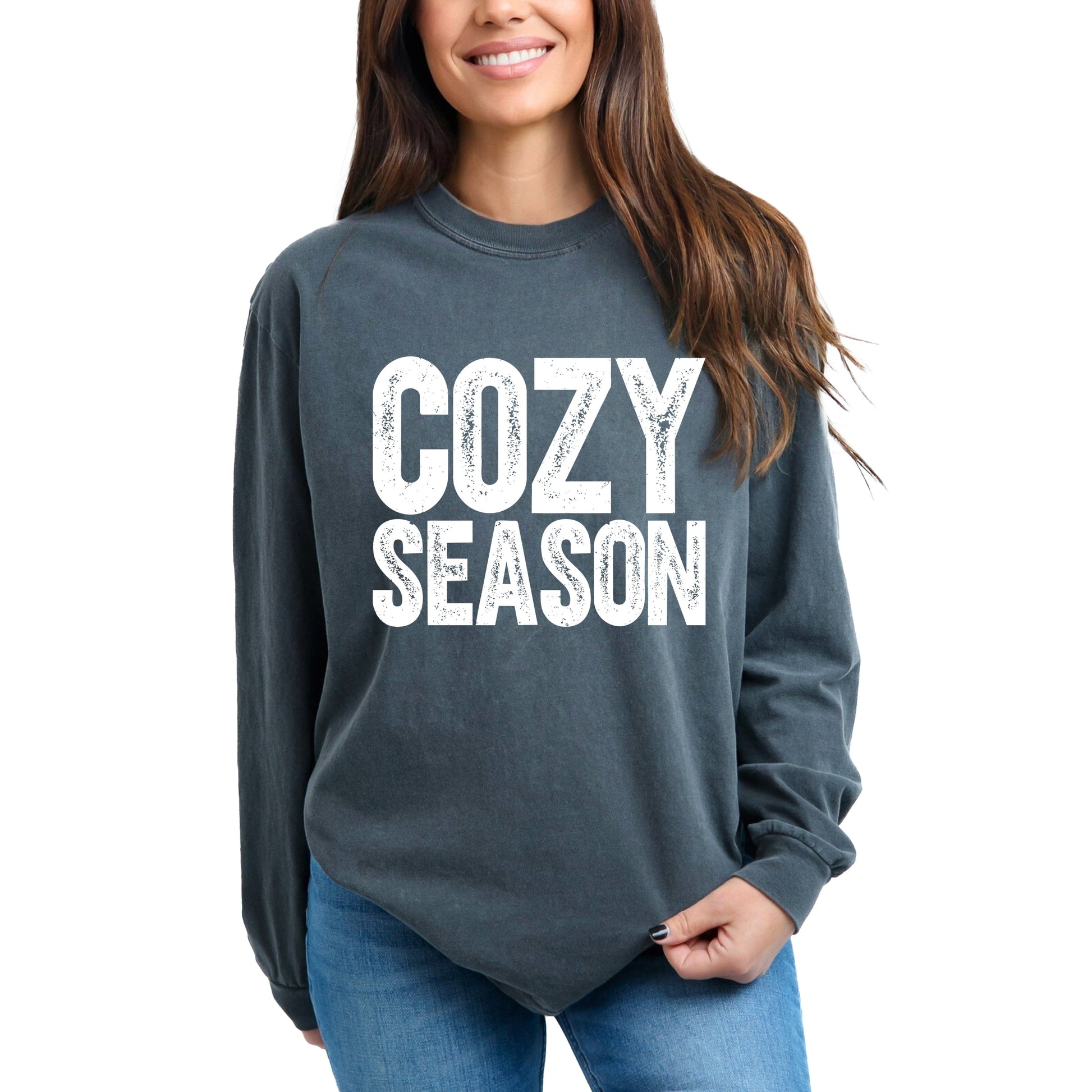 Cozy Season Bold Distressed - Women's Garment Dyed Long Sleeve Graphic T-Shirt