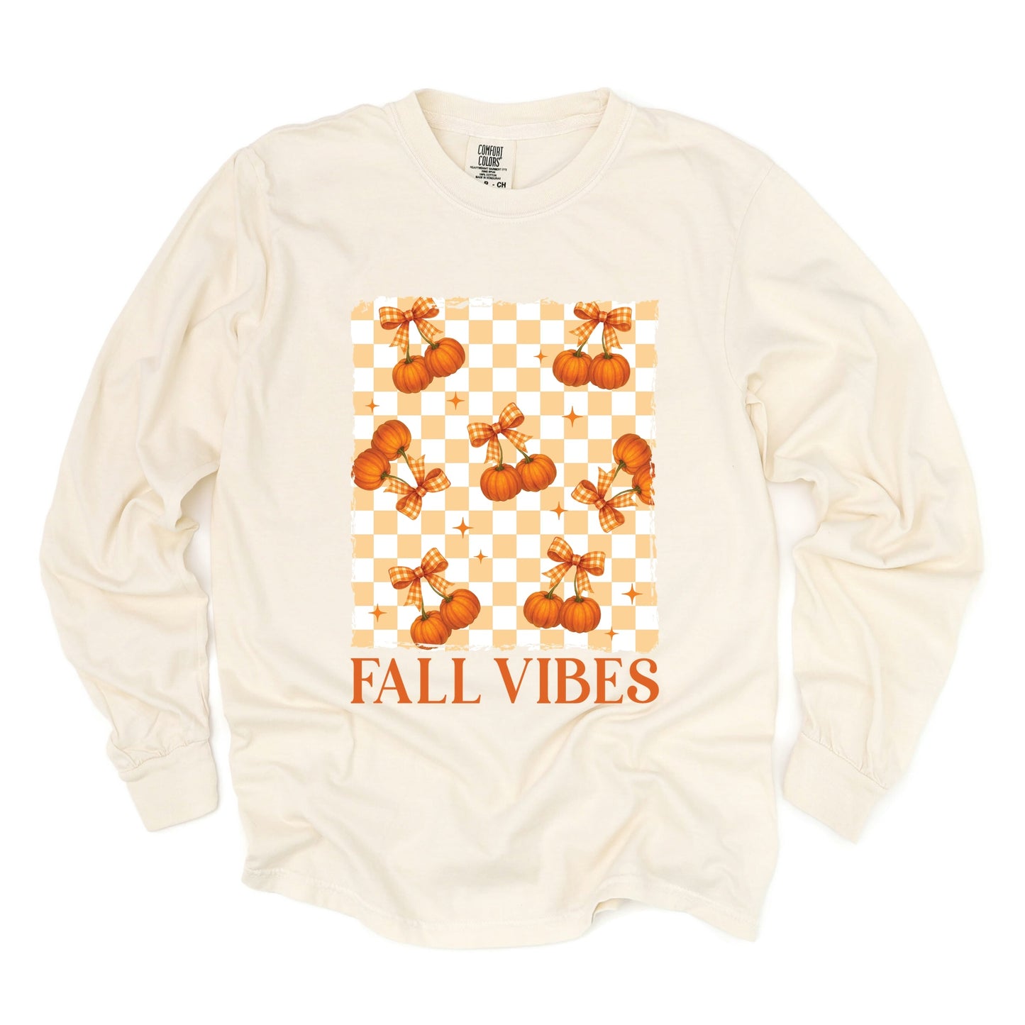 Fall Vibes Checked Pumpkins - Women's Garment Dyed Long Sleeve Graphic T-Shirt
