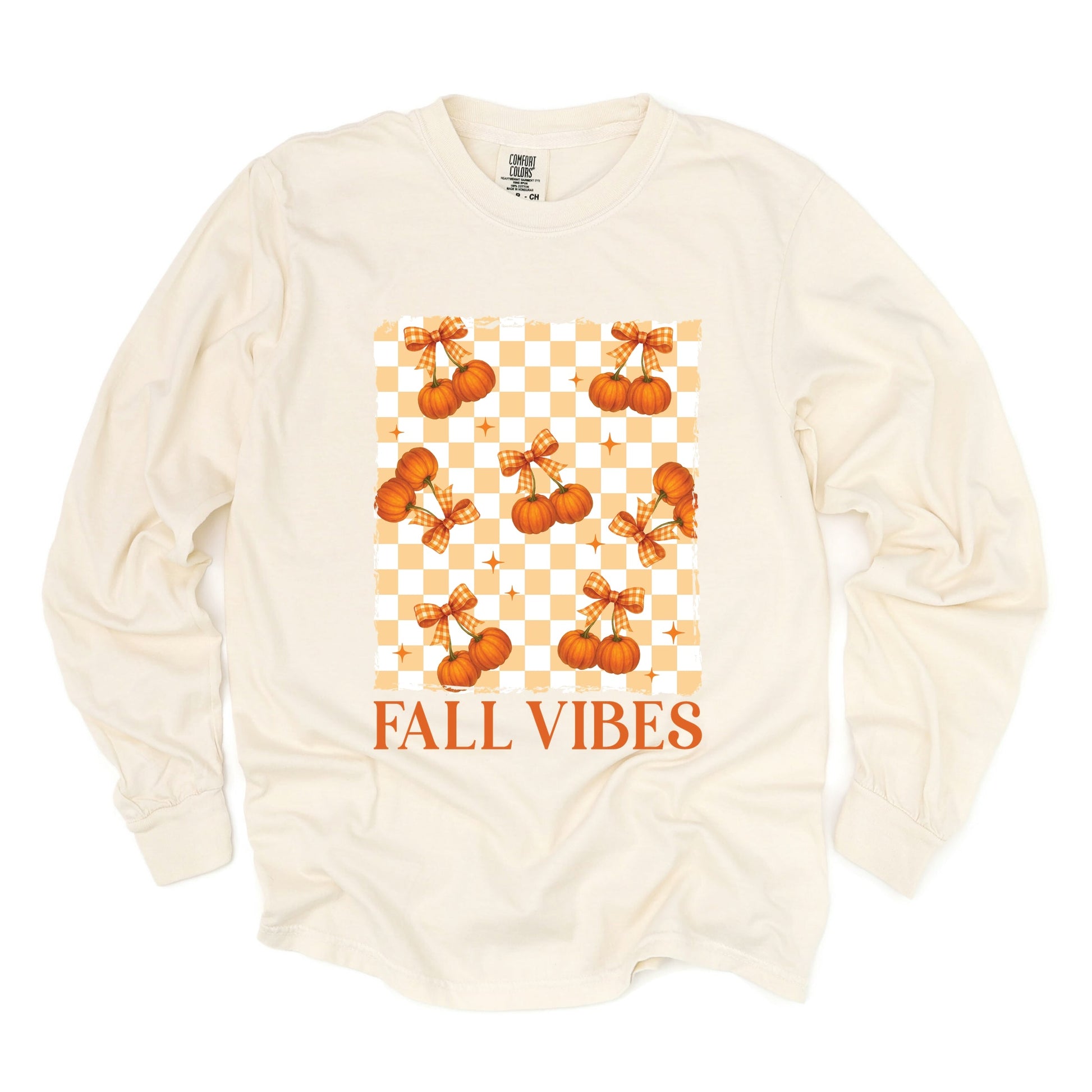 Fall Vibes Checked Pumpkins - Women's Garment Dyed Long Sleeve Graphic T-Shirt