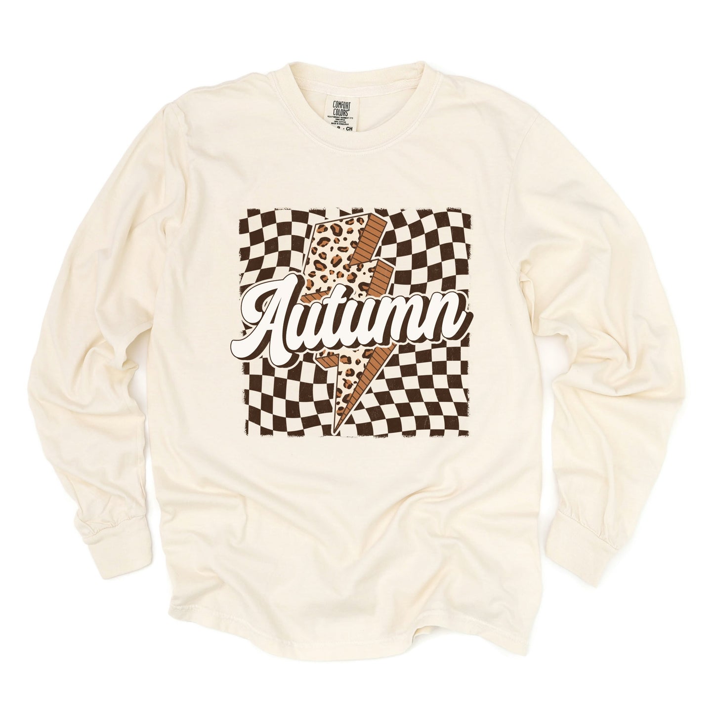 Autumn Lightning Checkered - Women's Garment Dyed Long Sleeve Graphic T-Shirt