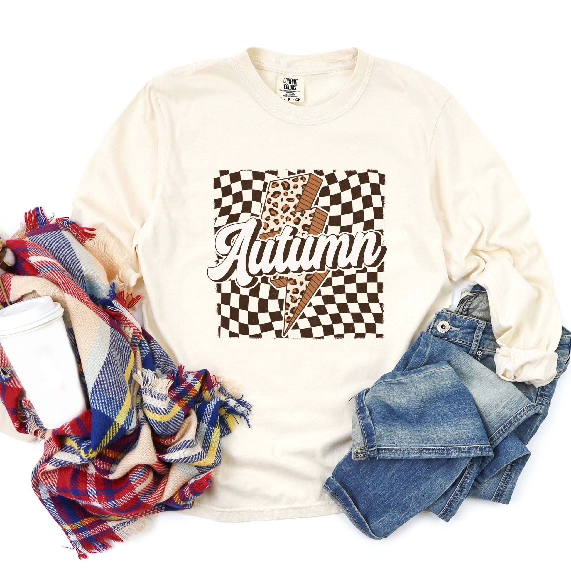 Autumn Lightning Checkered - Women's Garment Dyed Long Sleeve Graphic T-Shirt