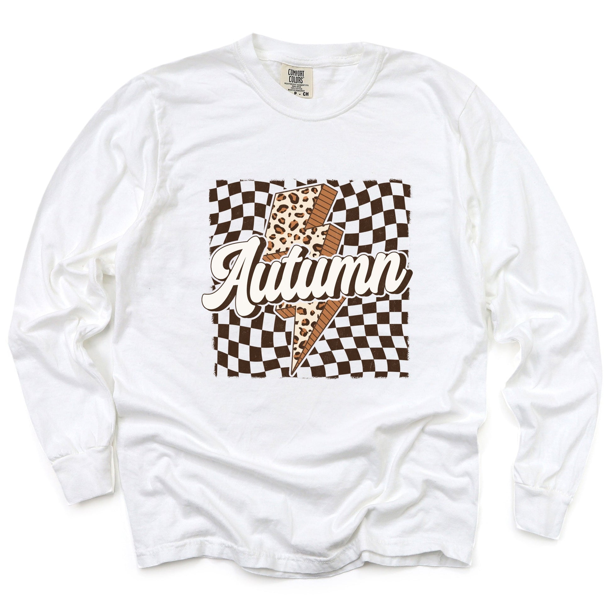 Autumn Lightning Checkered - Women's Garment Dyed Long Sleeve Graphic T-Shirt
