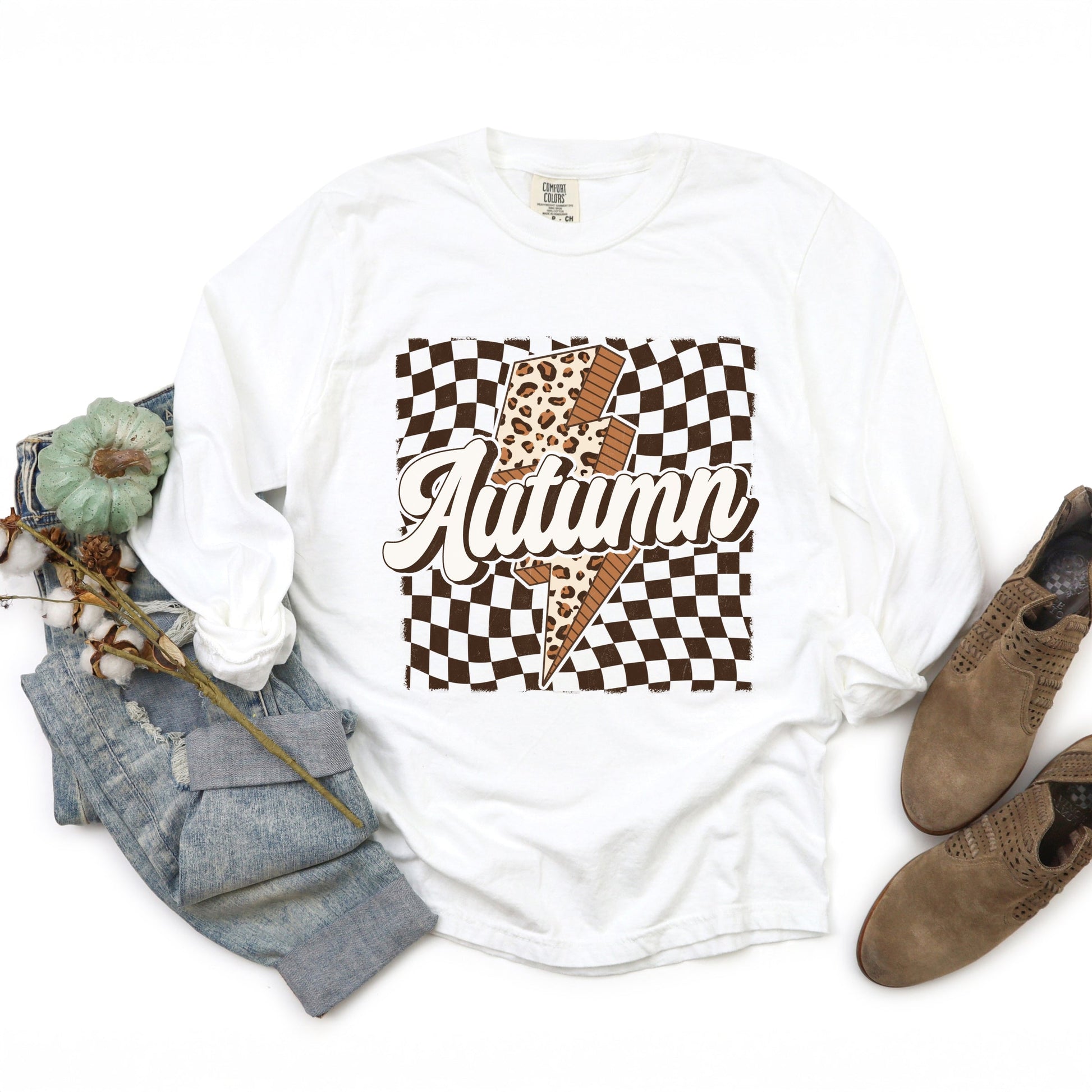 Autumn Lightning Checkered - Women's Garment Dyed Long Sleeve Graphic T-Shirt