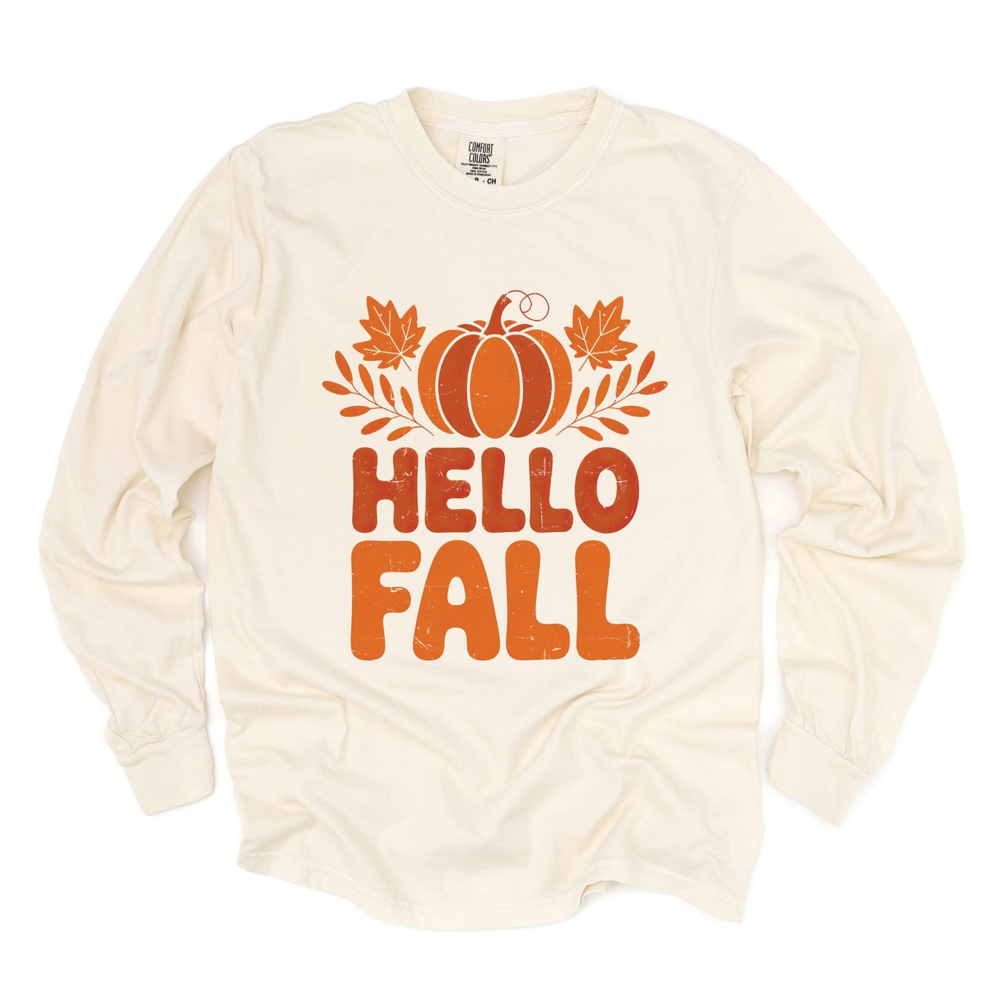Hello Fall Pumpkin Distressed - Garment Dyed Long Sleeve