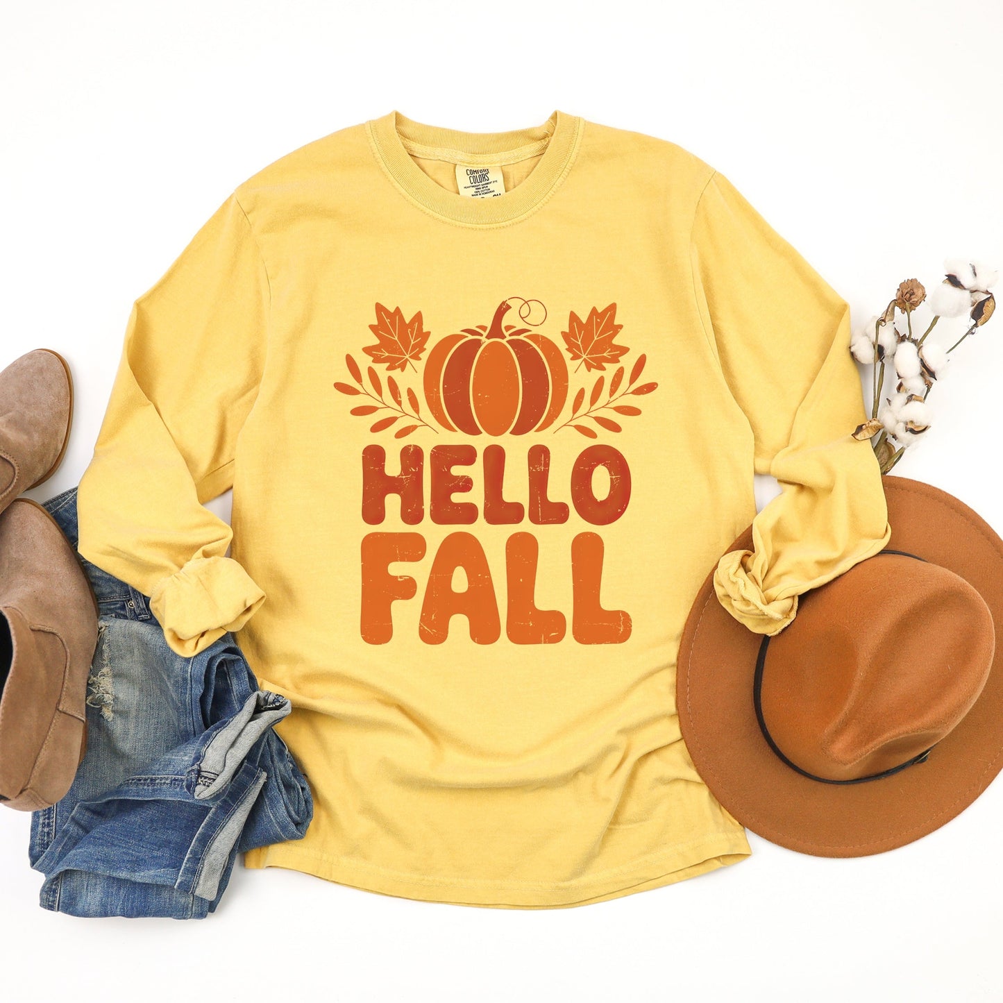 Hello Fall Pumpkin Distressed - Garment Dyed Long Sleeve