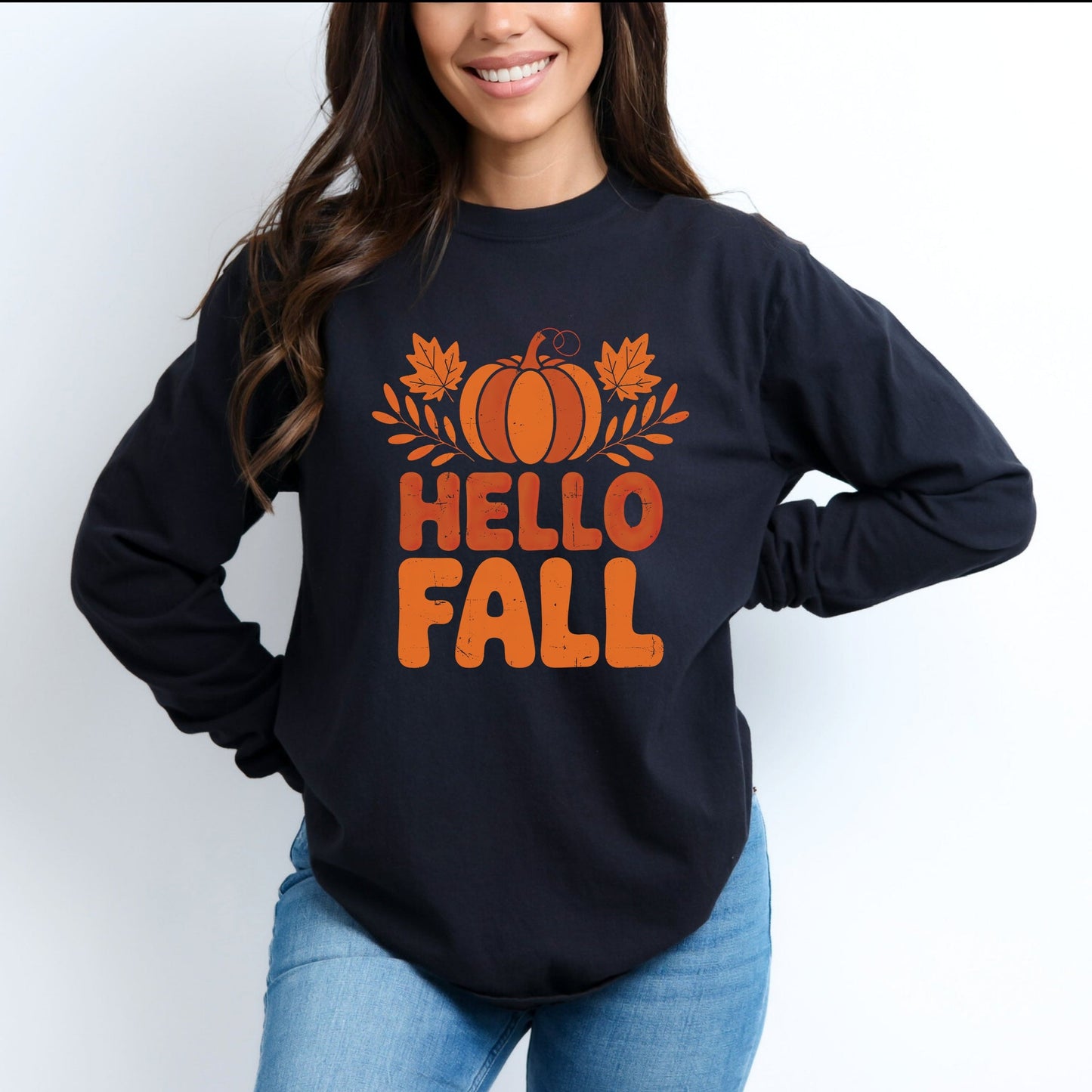 Hello Fall Pumpkin Distressed - Garment Dyed Long Sleeve