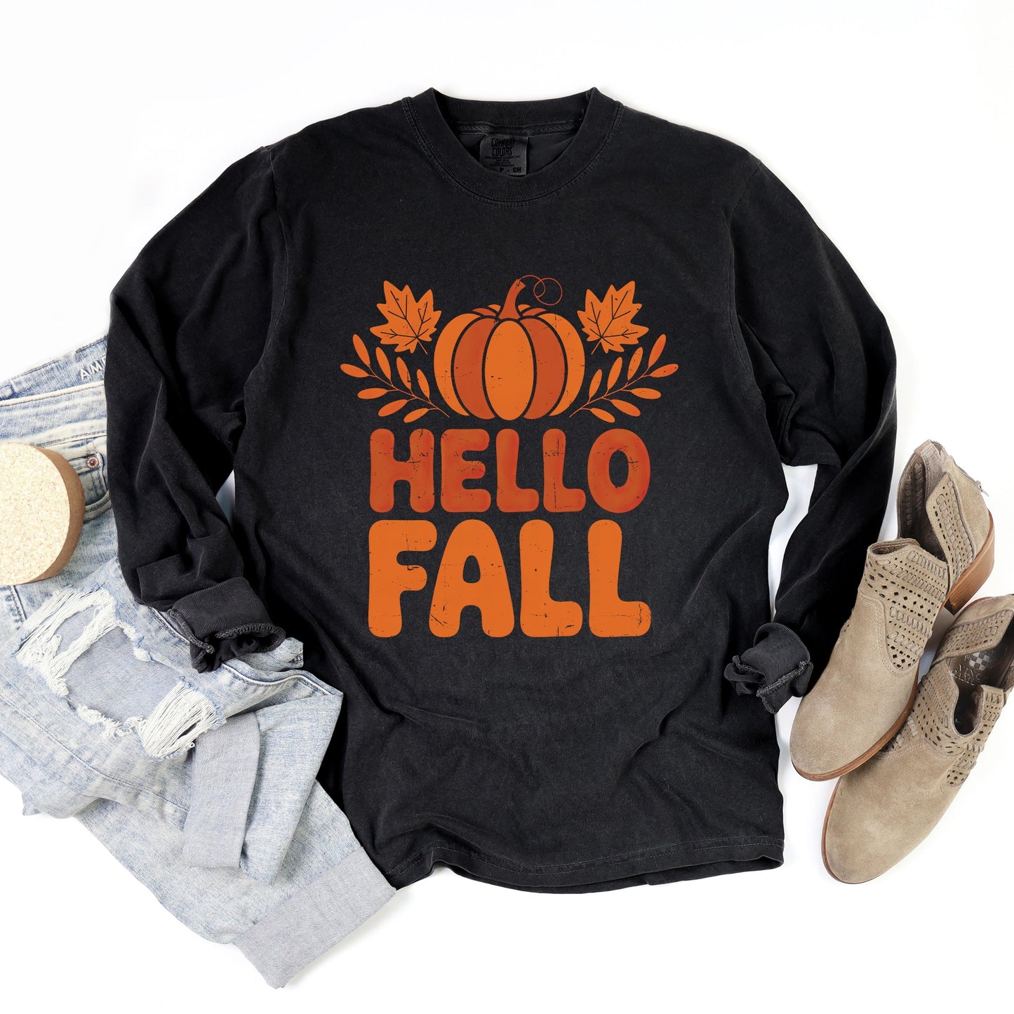 Hello Fall Pumpkin Distressed - Garment Dyed Long Sleeve