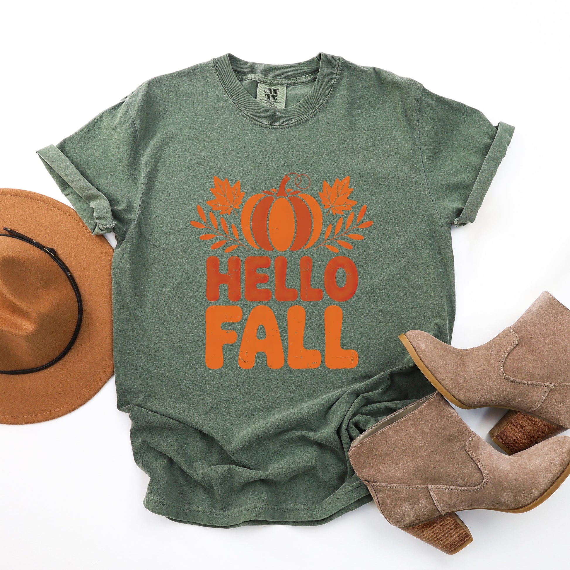 Hello Fall Pumpkin Distressed - Garment Dyed Tee