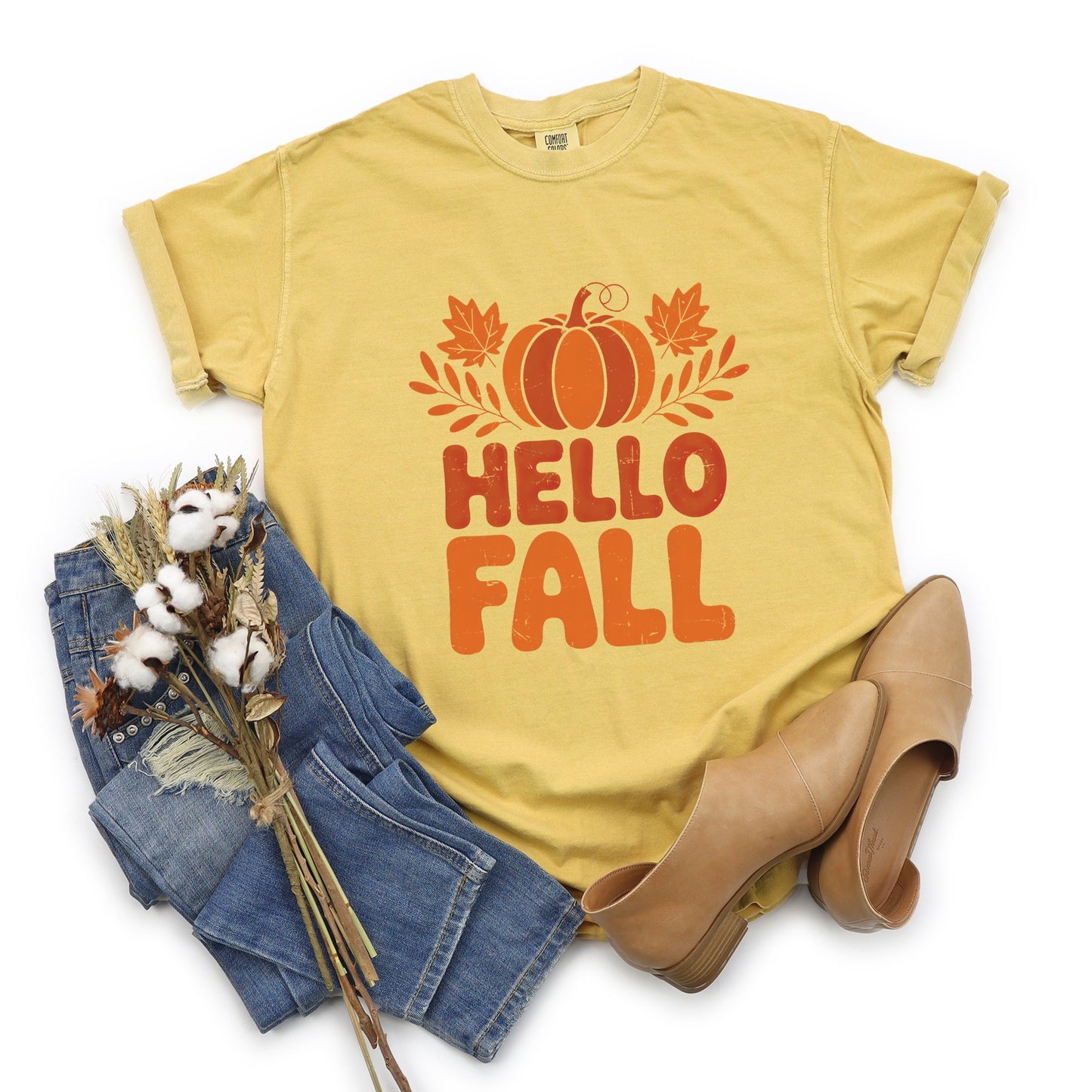 Hello Fall Pumpkin Distressed - Garment Dyed Tee