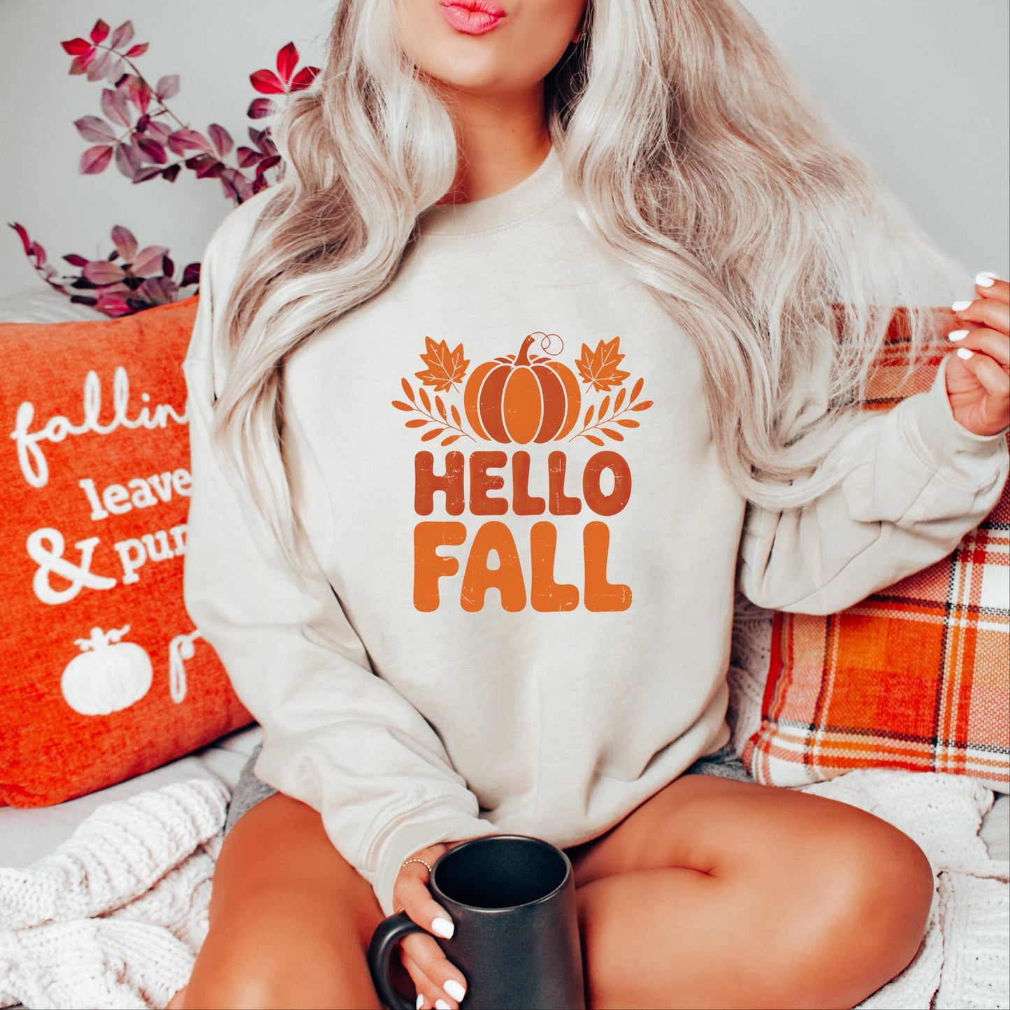 Hello Fall Pumpkin Distressed - Women's Graphic Sweatshirt