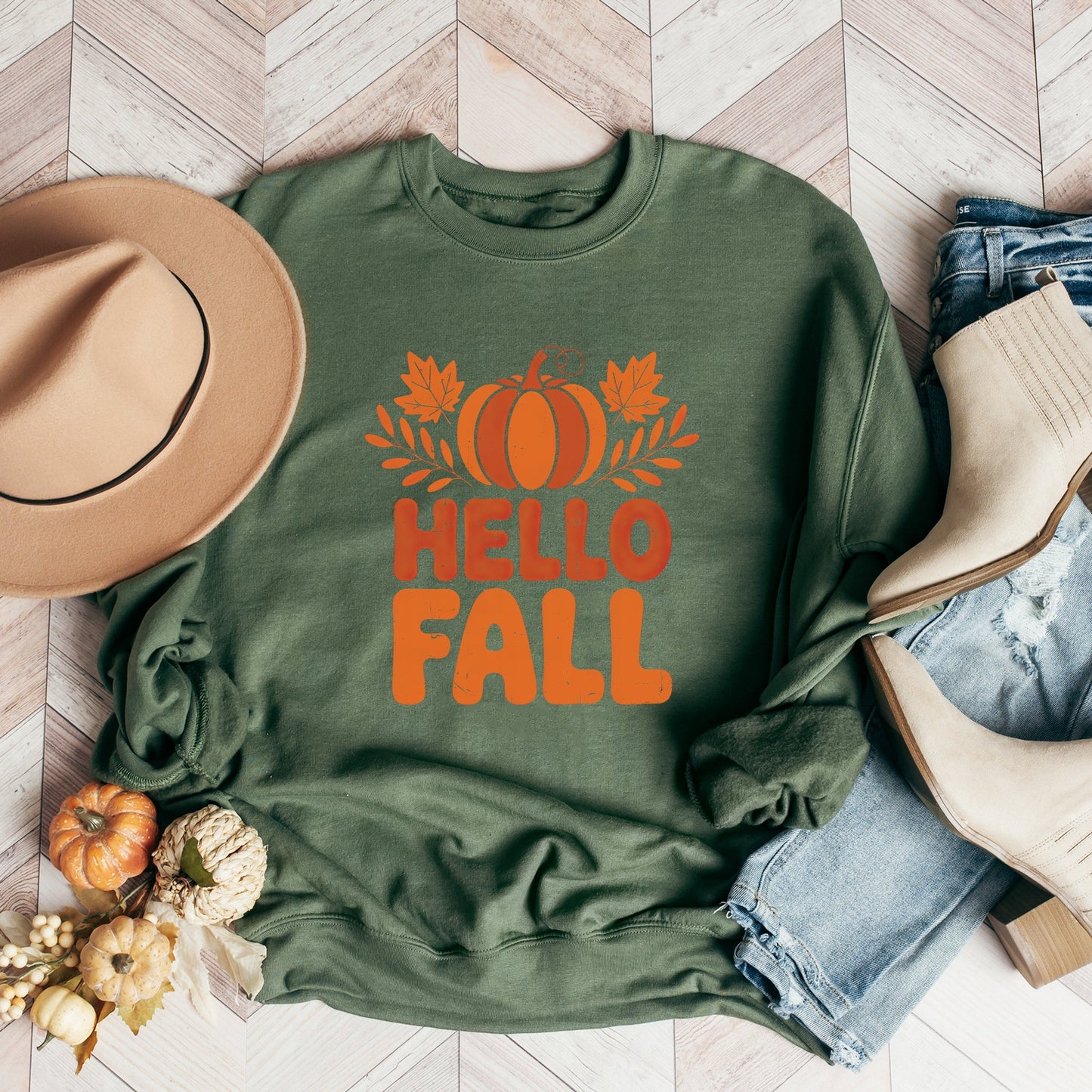 Hello Fall Pumpkin Distressed - Women's Graphic Sweatshirt