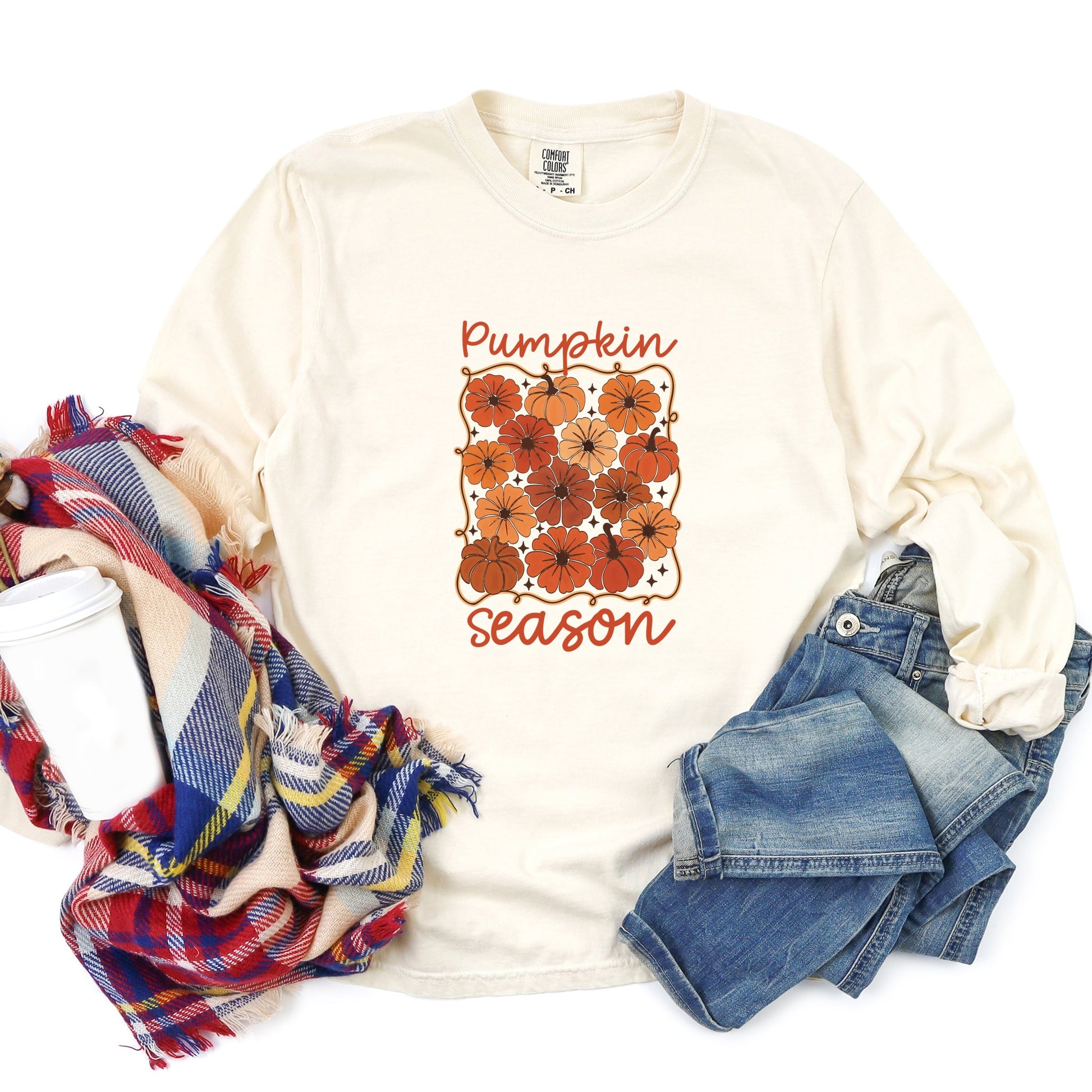 Pumpkin Season Floral - Women's Garment Dyed Long Sleeve Graphic T-Shirt