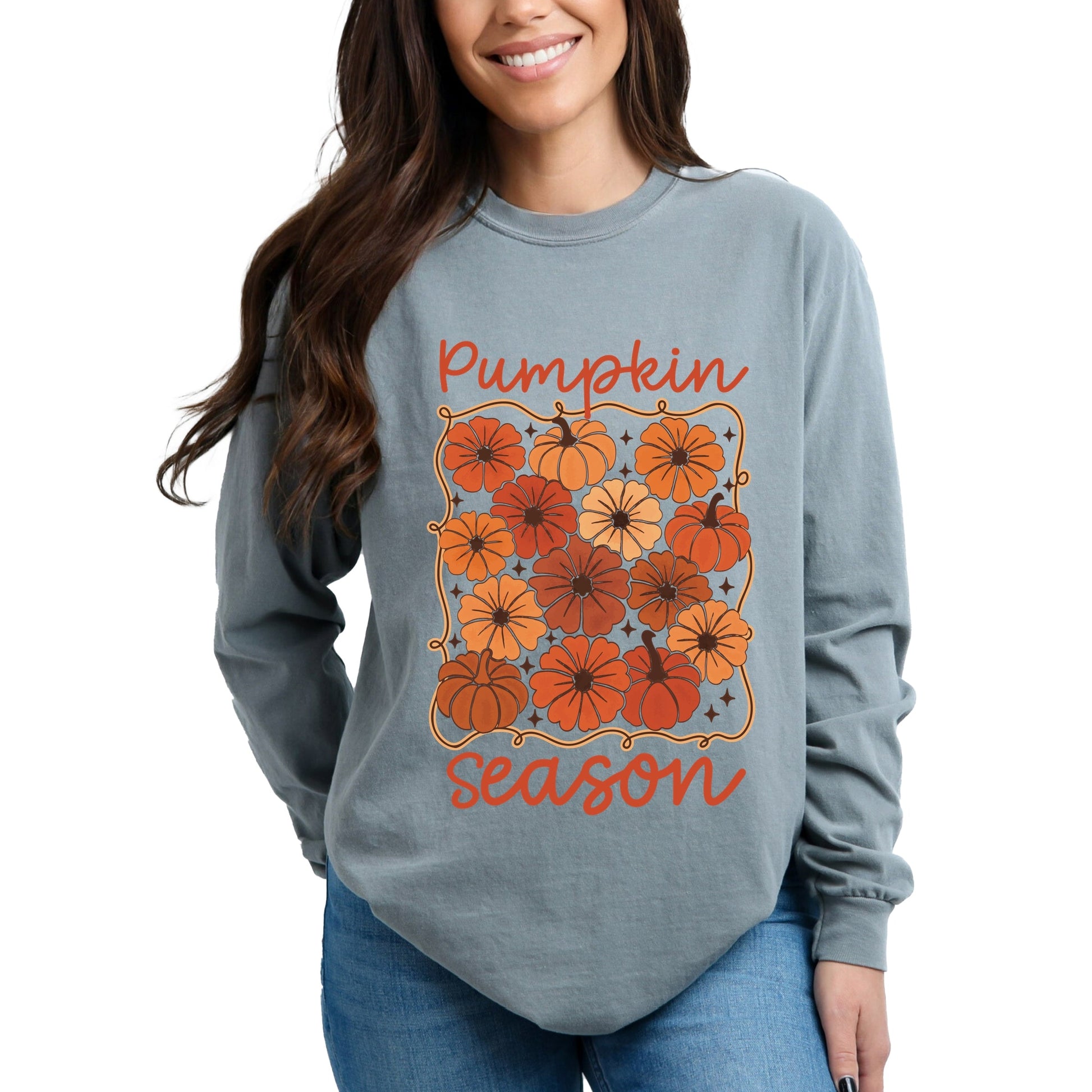 Pumpkin Season Floral - Women's Garment Dyed Long Sleeve Graphic T-Shirt