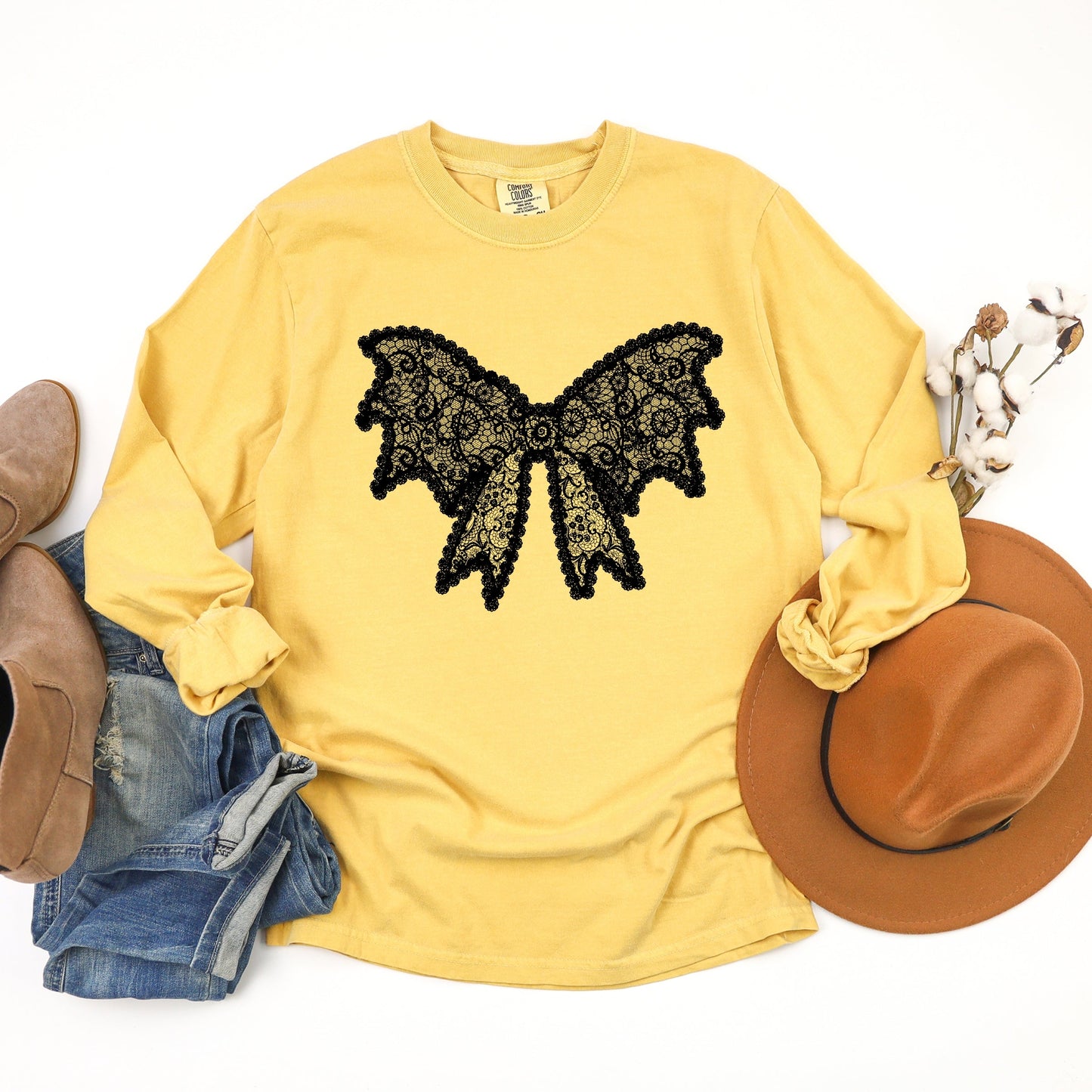Lace Bow - Women's Garment Dyed Long Sleeve Graphic T-Shirt