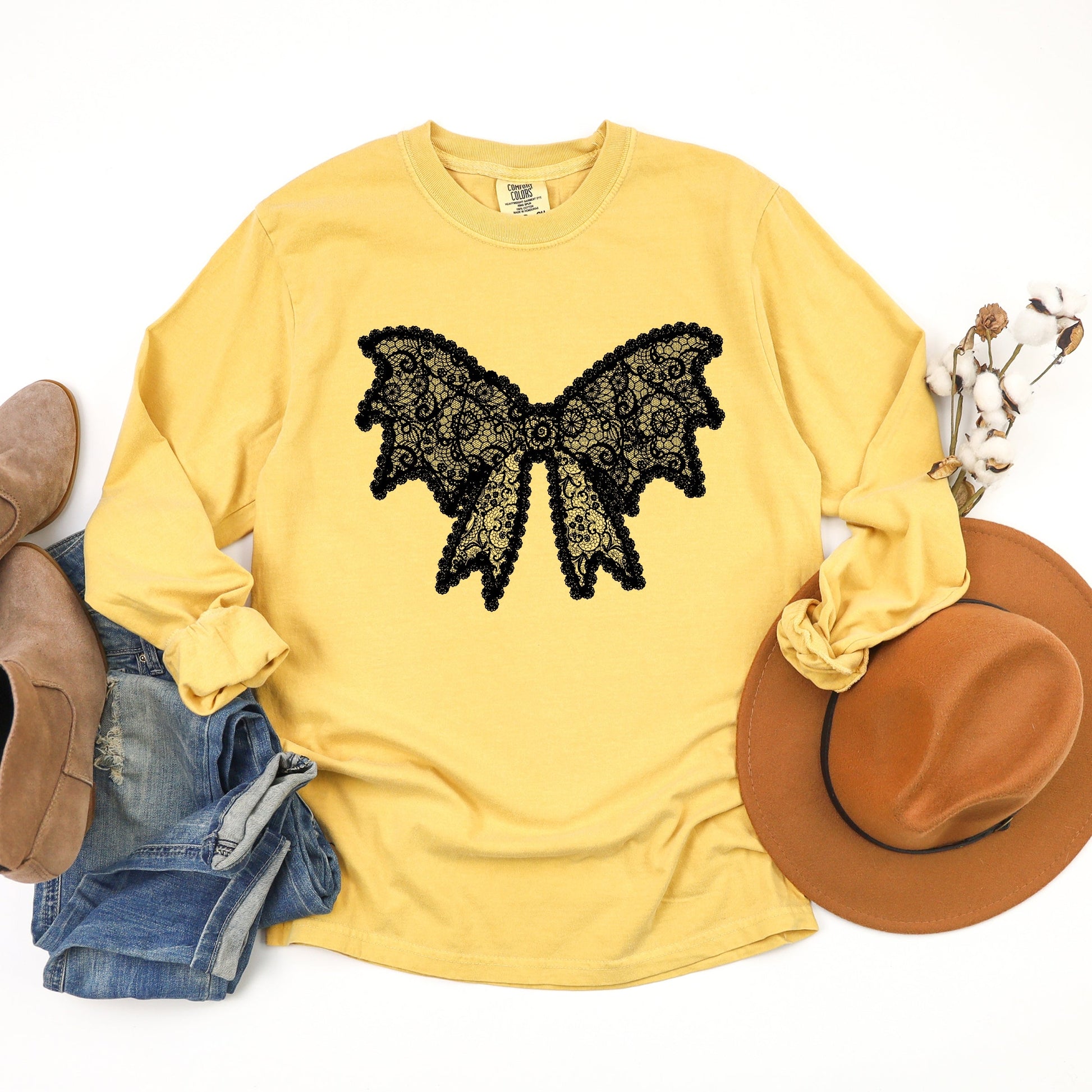 Lace Bow - Women's Garment Dyed Long Sleeve Graphic T-Shirt