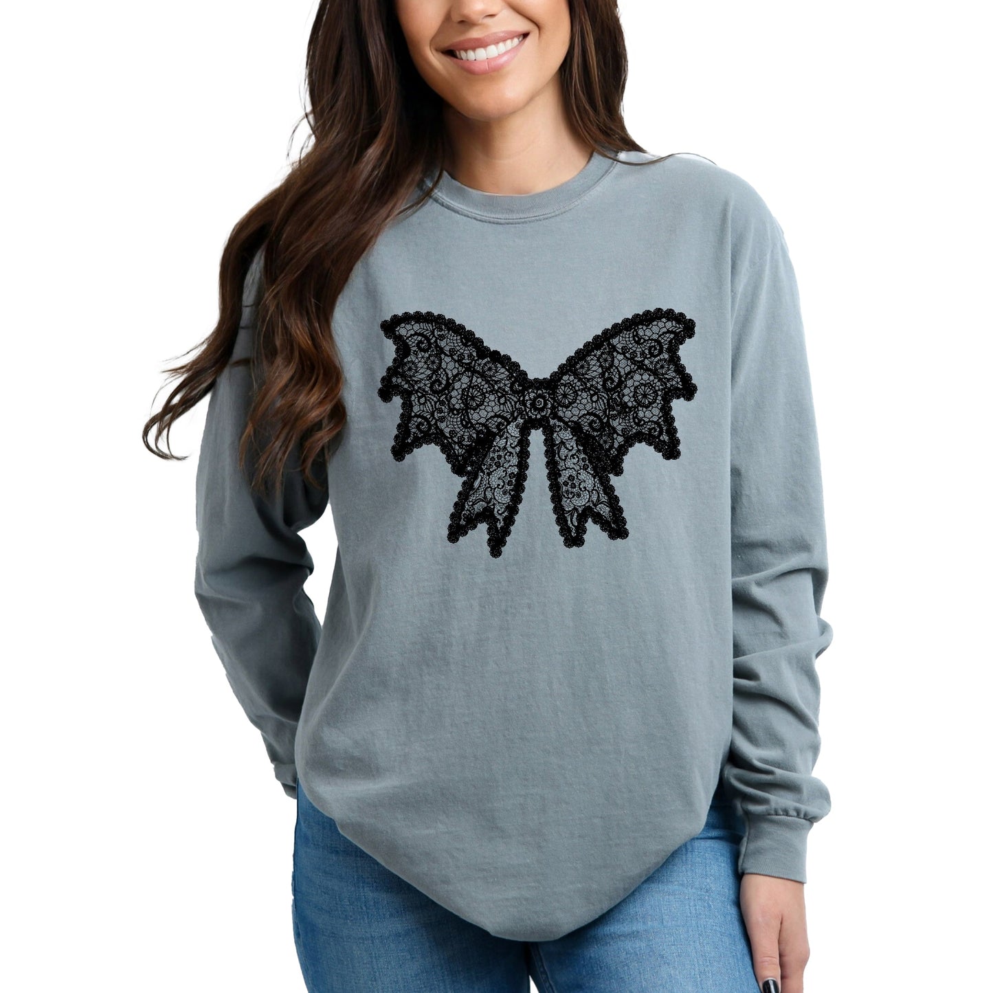 Lace Bow - Women's Garment Dyed Long Sleeve Graphic T-Shirt