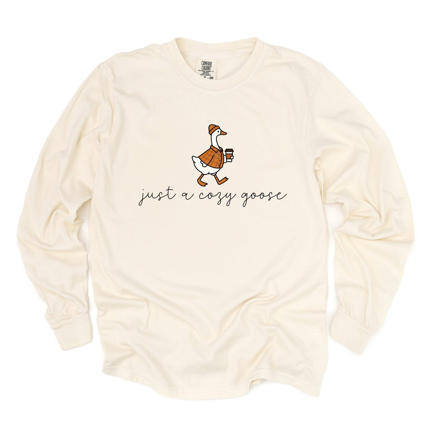 Just A Cozy Goose Plaid - Women's Garment Dyed Long Sleeve Graphic T-Shirt