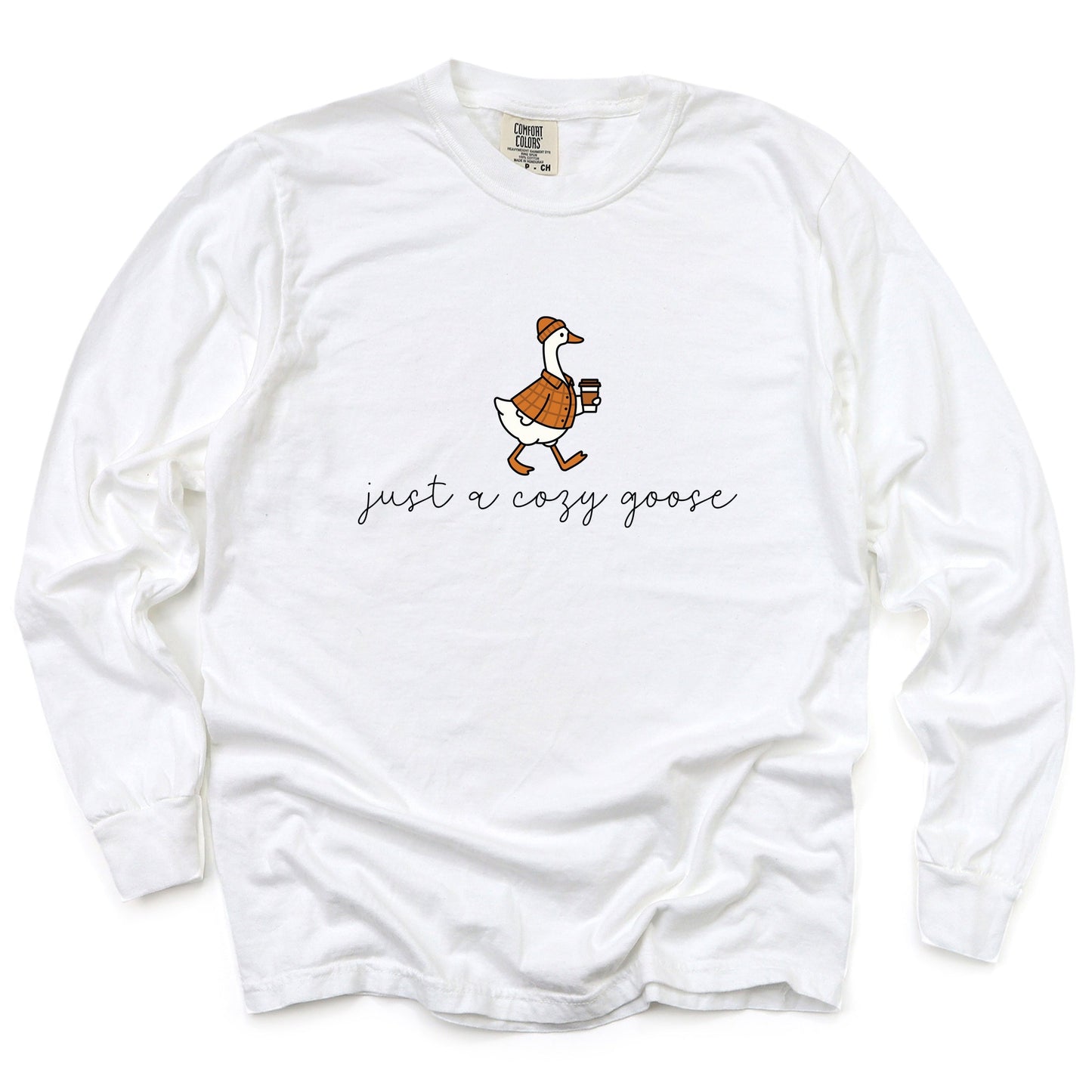 Just A Cozy Goose Plaid - Women's Garment Dyed Long Sleeve Graphic T-Shirt