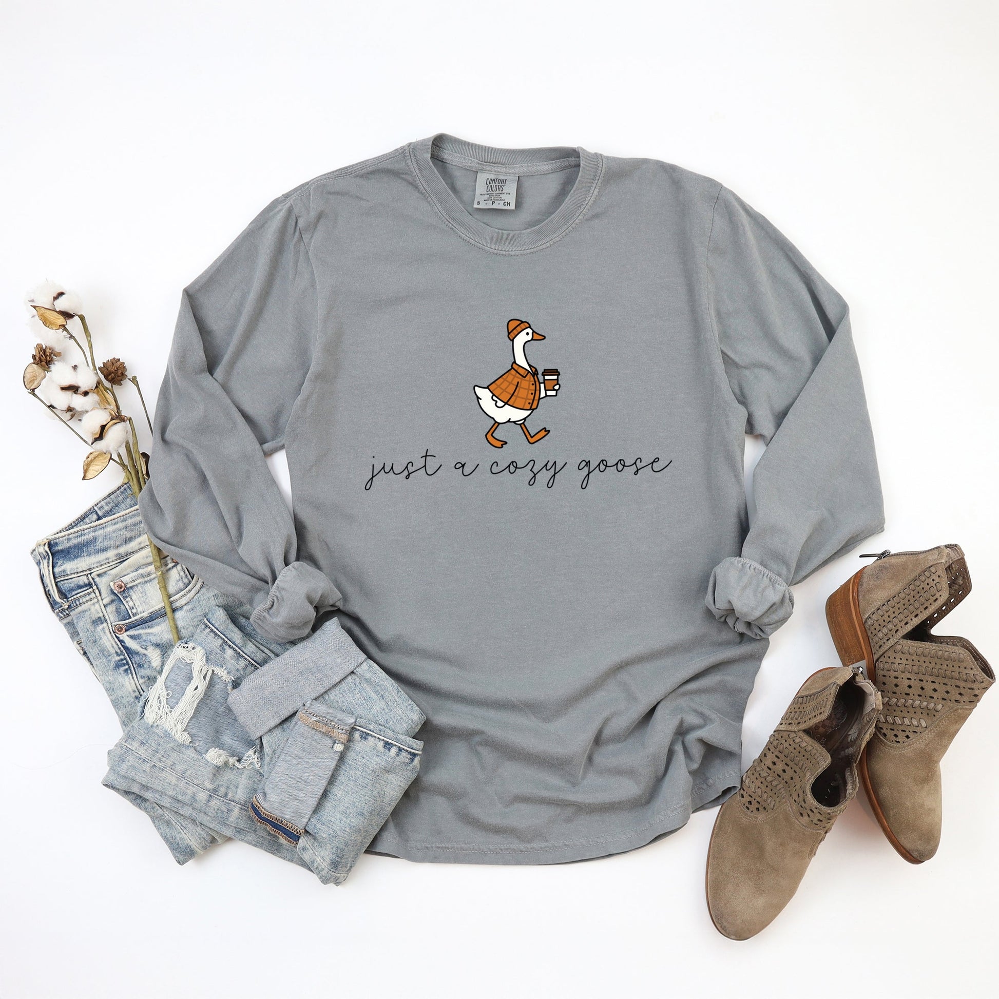 Just A Cozy Goose Plaid - Women's Garment Dyed Long Sleeve Graphic T-Shirt