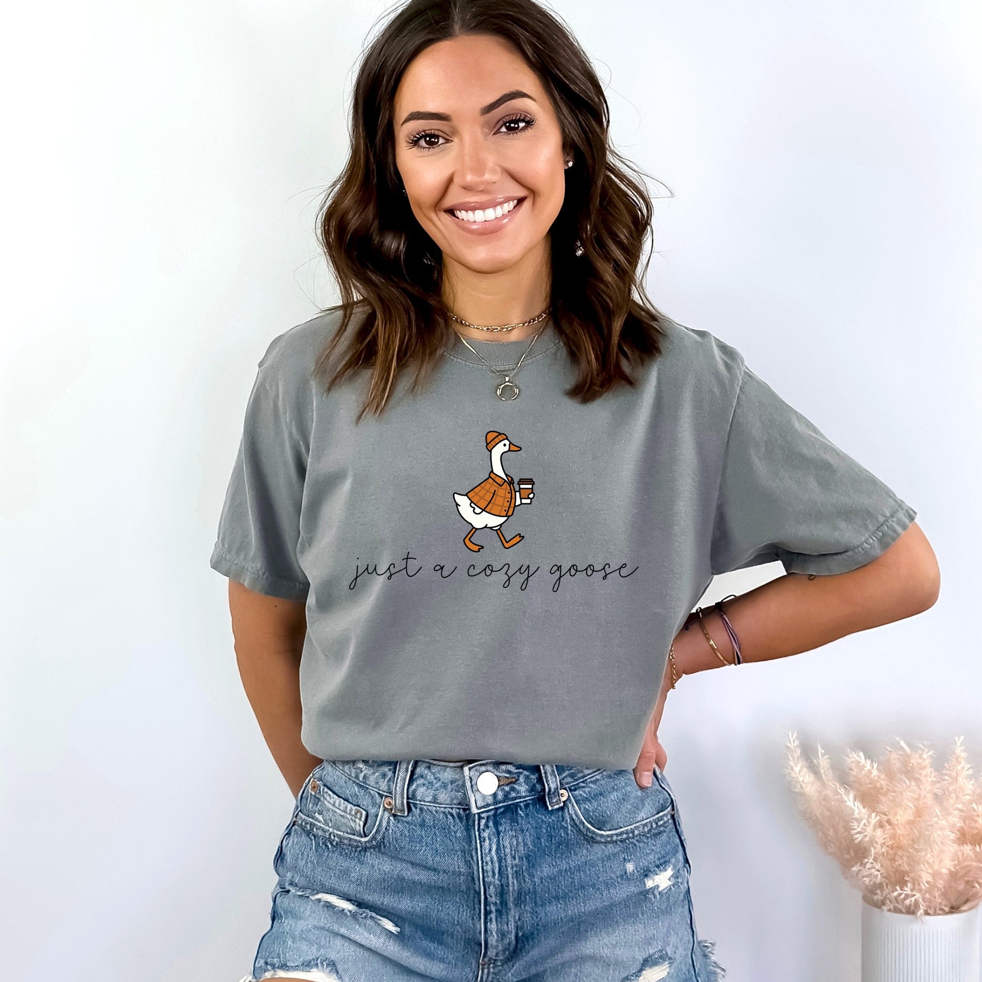 Just A Cozy Goose Plaid - Women's Garment Dyed Graphic T-Shirt