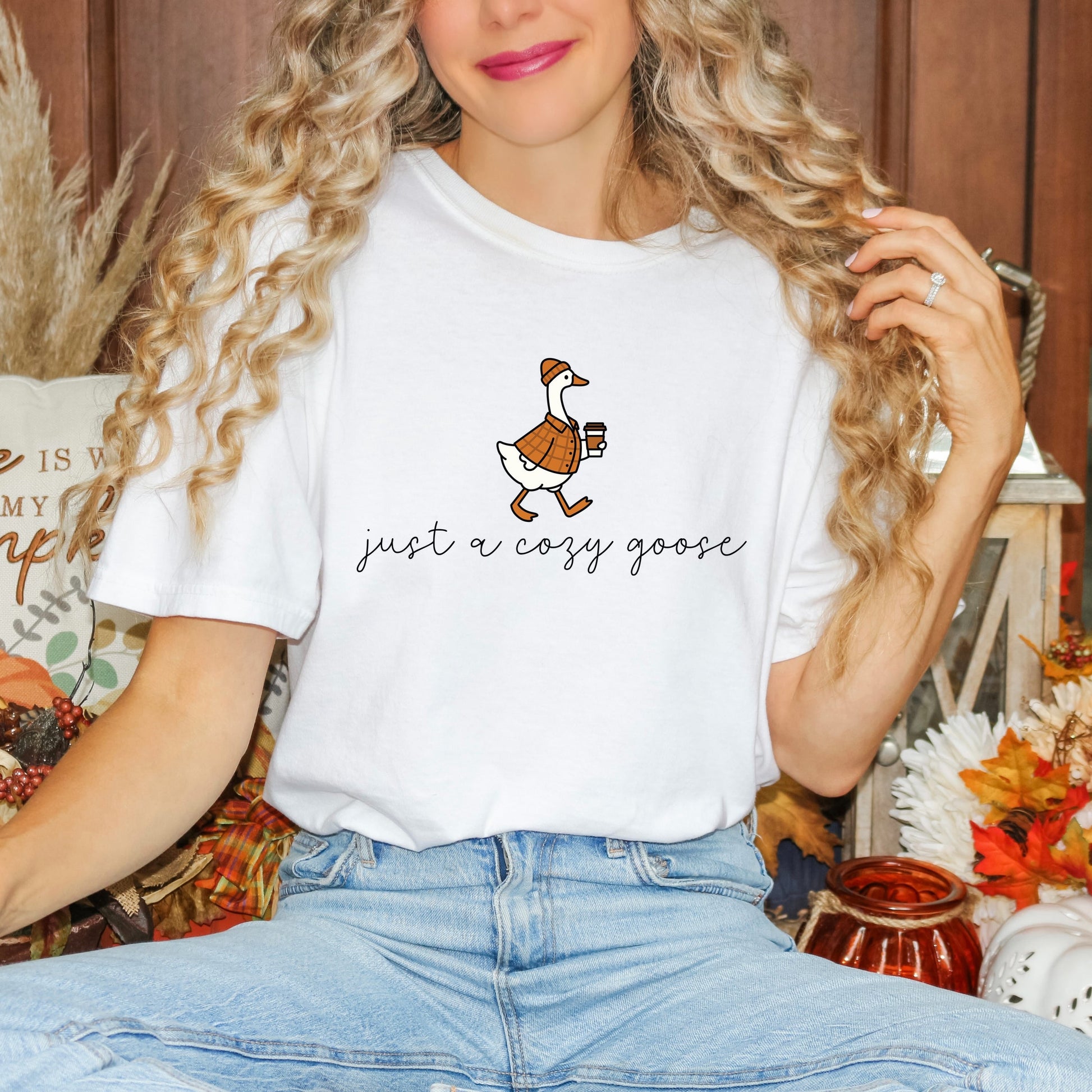 Just A Cozy Goose Plaid - Women's Garment Dyed Graphic T-Shirt
