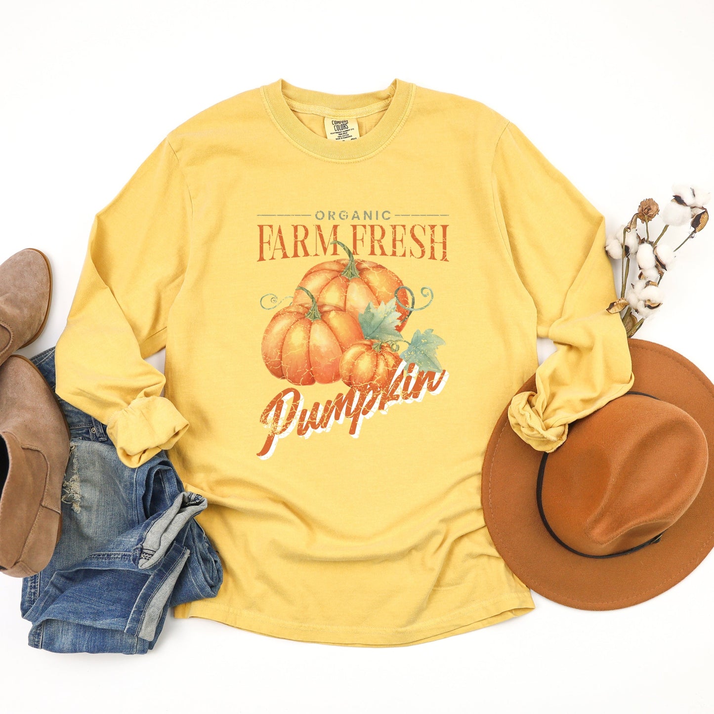 Farm Fresh Pumpkin Watercolor - Women's Garment Dyed Long Sleeve Graphic T-Shirt