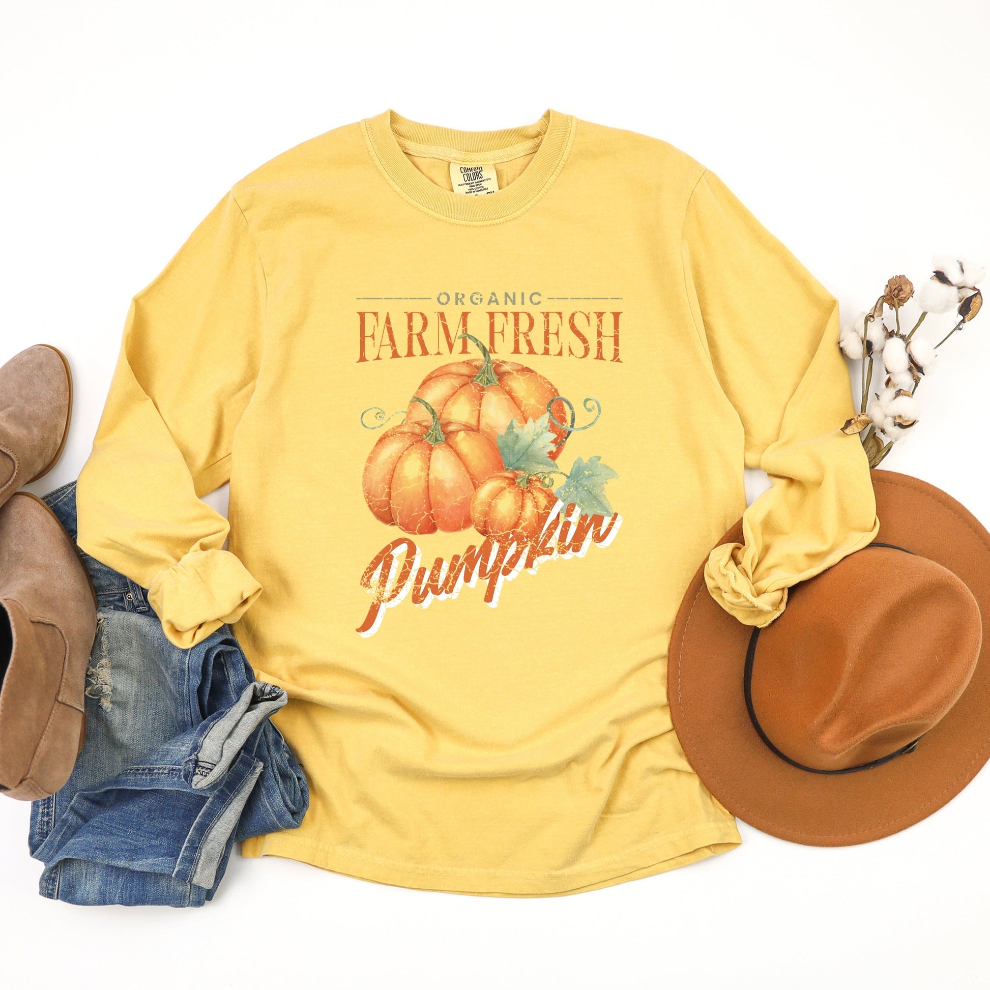 Farm Fresh Pumpkin Watercolor - Women's Garment Dyed Long Sleeve Graphic T-Shirt