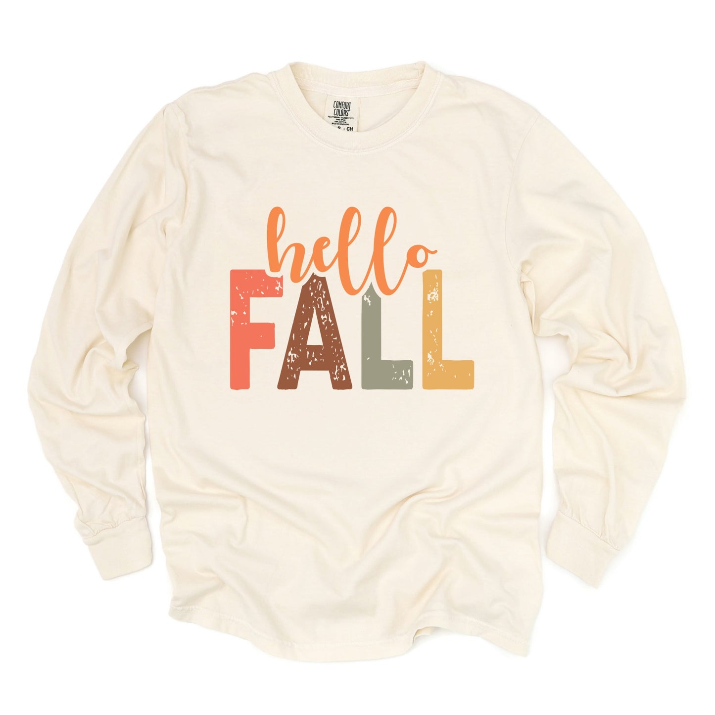 Hello Fall Cursive Block - Women's Garment Dyed Long Sleeve Graphic T-Shirt