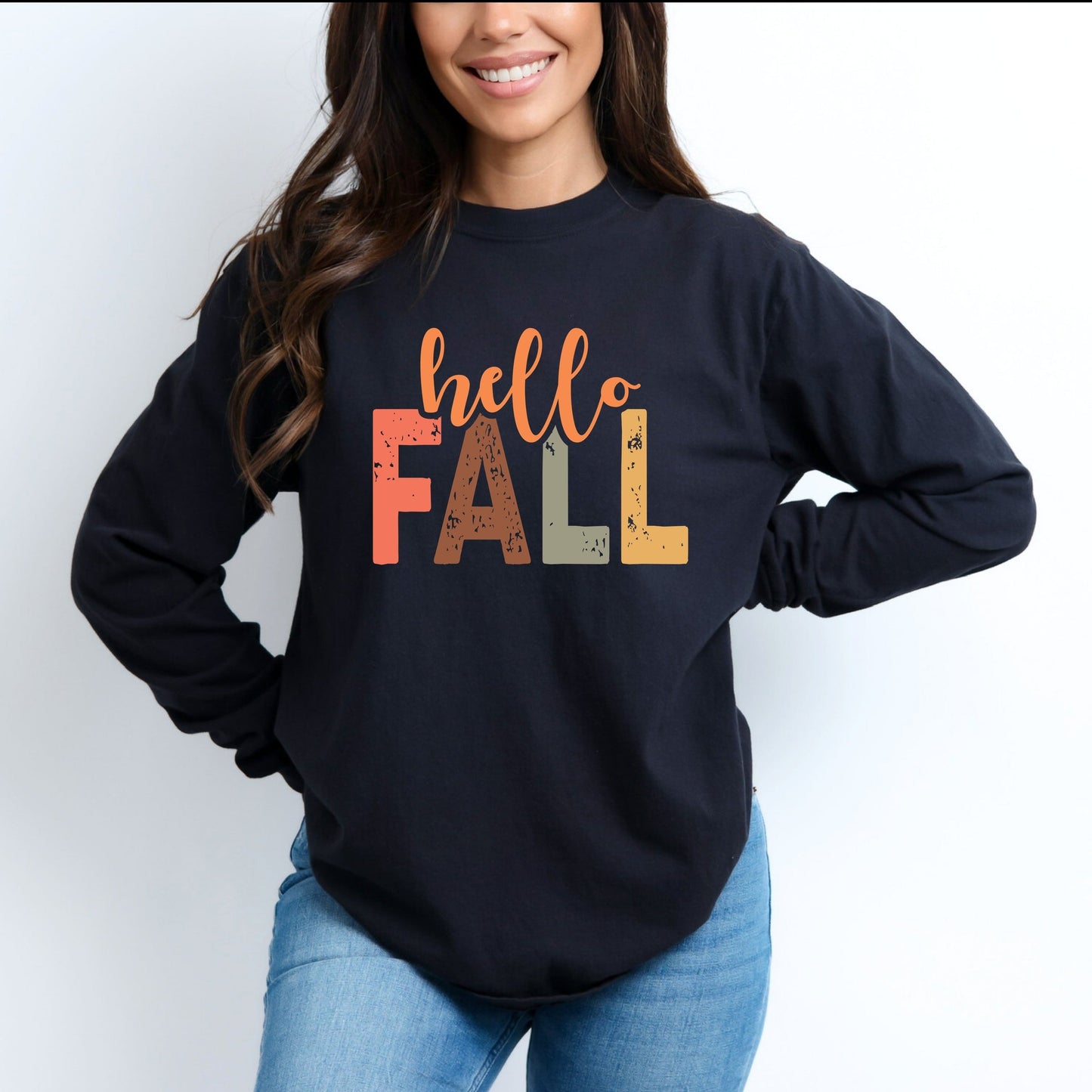 Hello Fall Cursive Block - Women's Garment Dyed Long Sleeve Graphic T-Shirt
