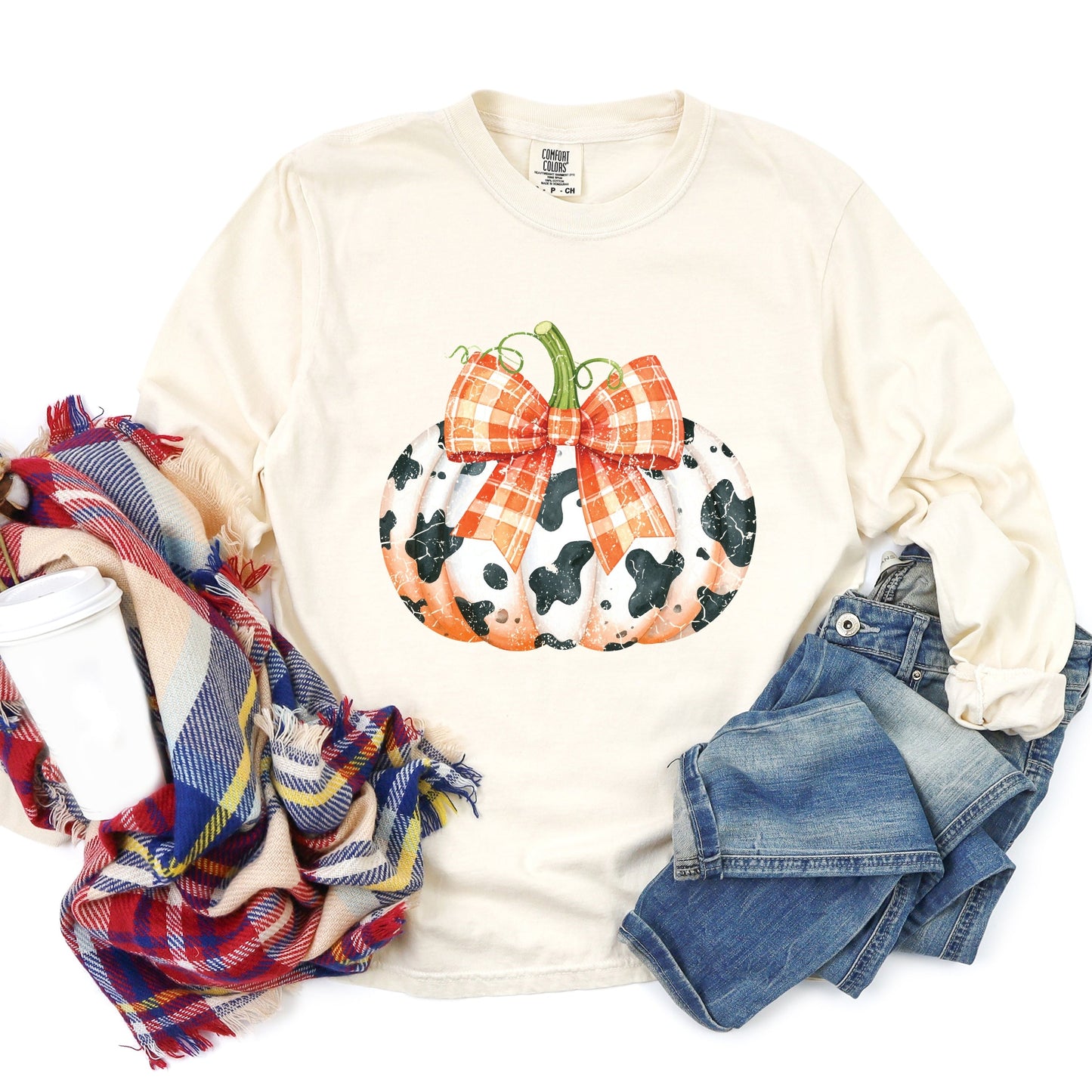 Cow Pumpkin Coquette Distressed - Garment Dyed Long Sleeve