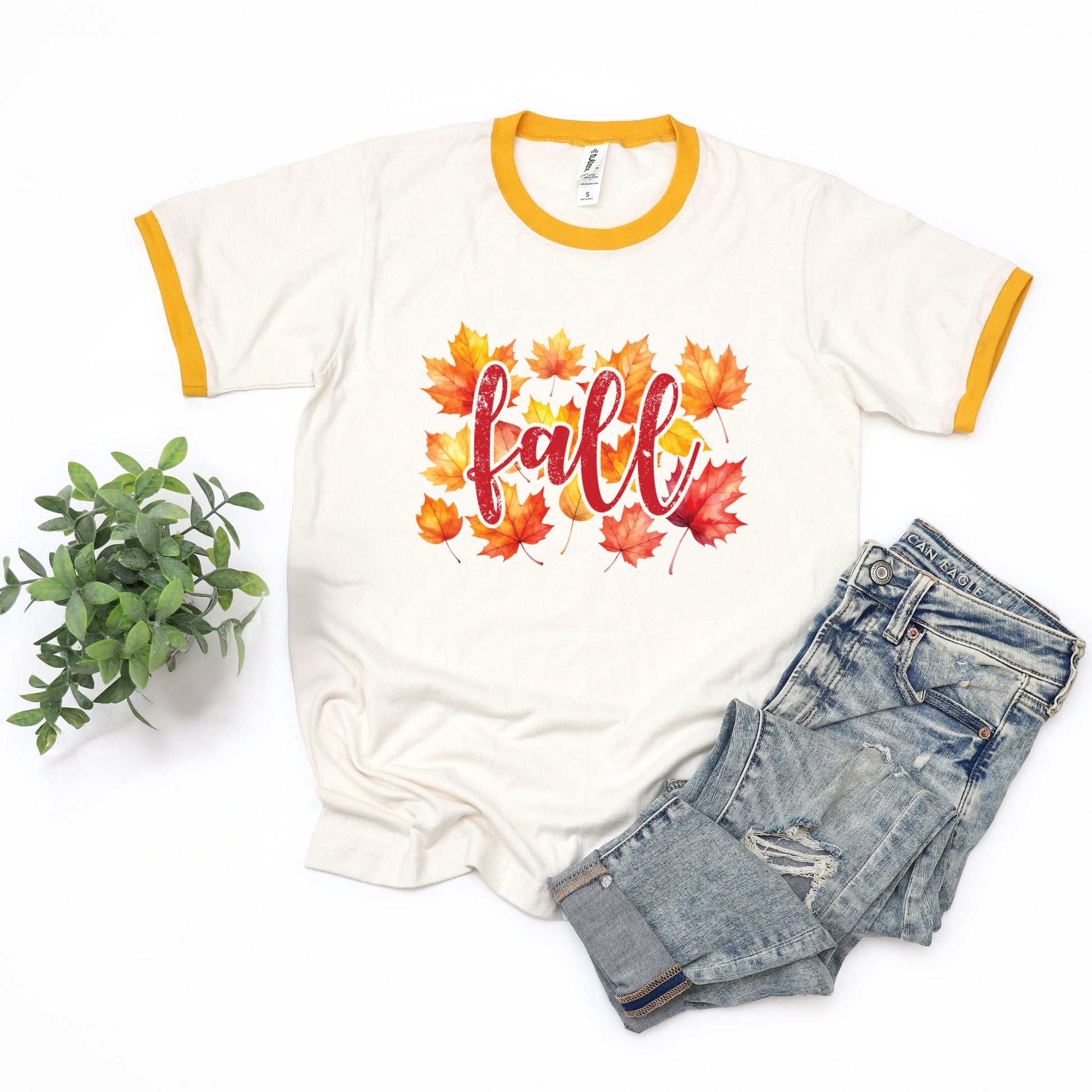 Fall Leaves Watercolor - Women's Ringer Graphic T-Shirt