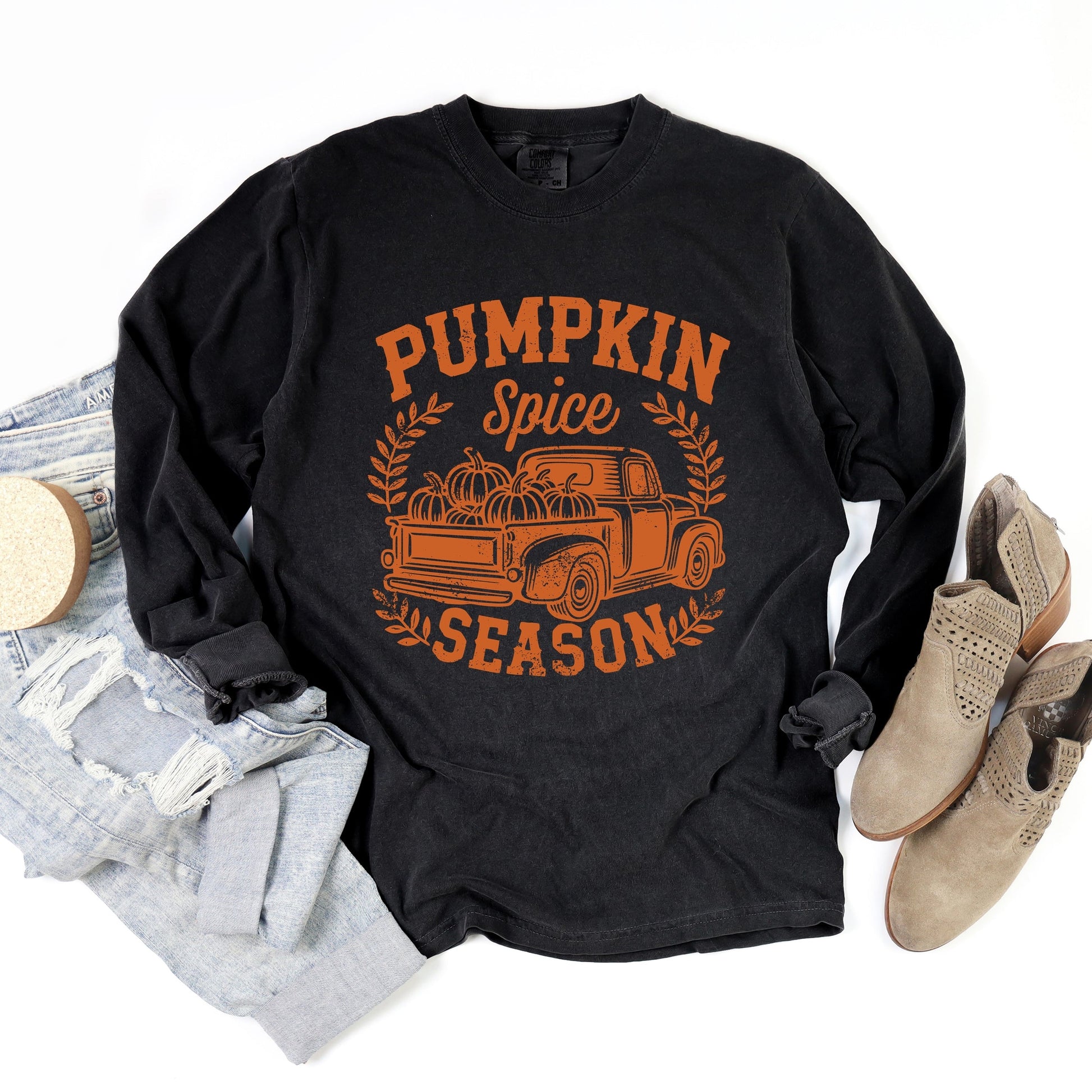Pumpkin Spice Season Truck Distressed - Women's Garment Dyed Long Sleeve Graphic T-Shirt