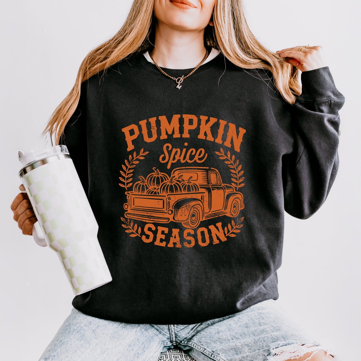 Pumpkin Spice Season Truck Distressed - Women's Lightweight Garment Dyed Sweatshirt