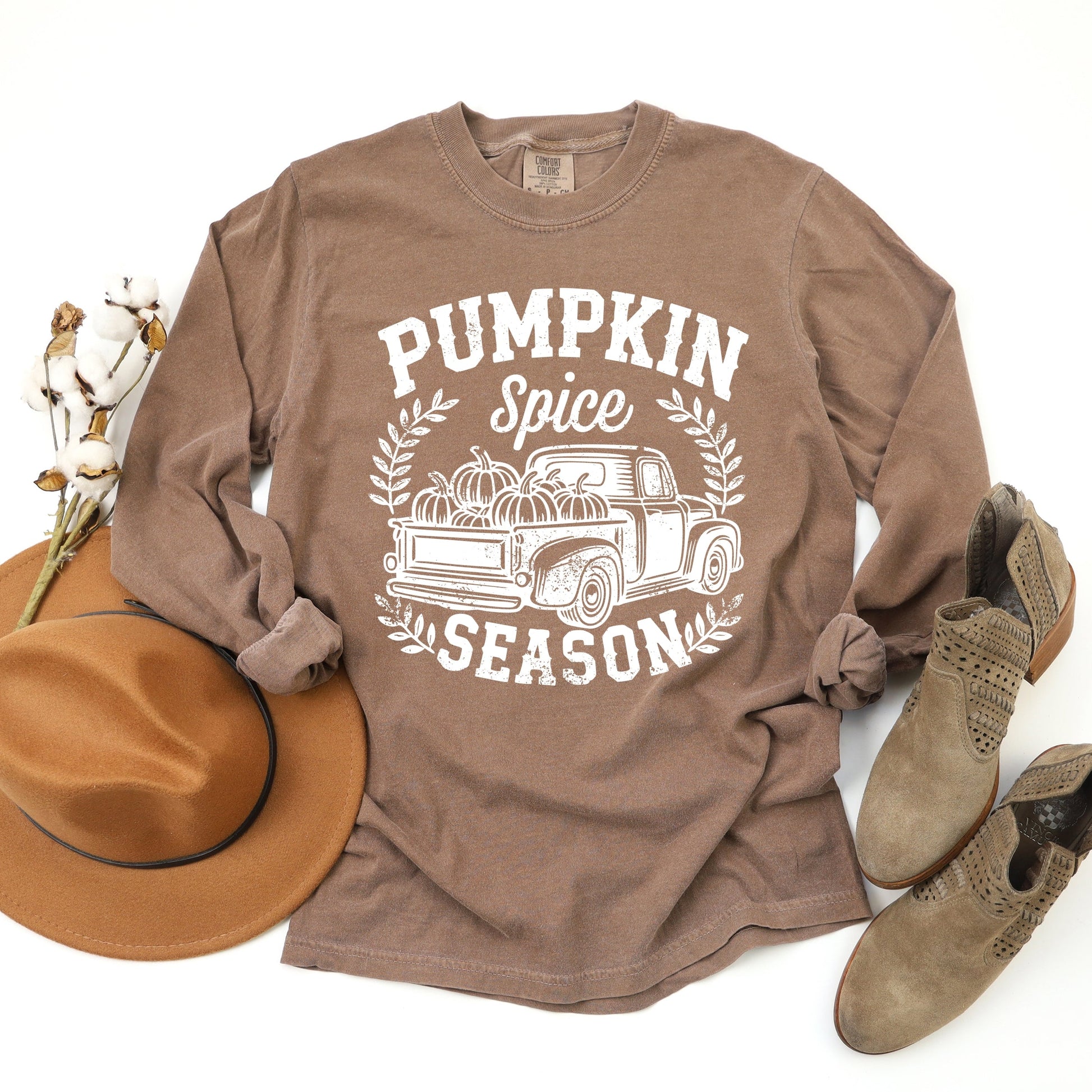 Pumpkin Spice Season Truck Distressed - Garment Dyed Long Sleeve