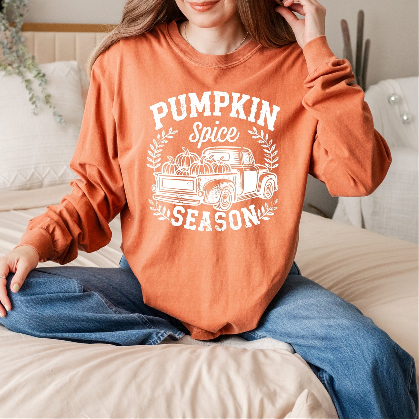 Pumpkin Spice Season Truck Distressed - Garment Dyed Long Sleeve
