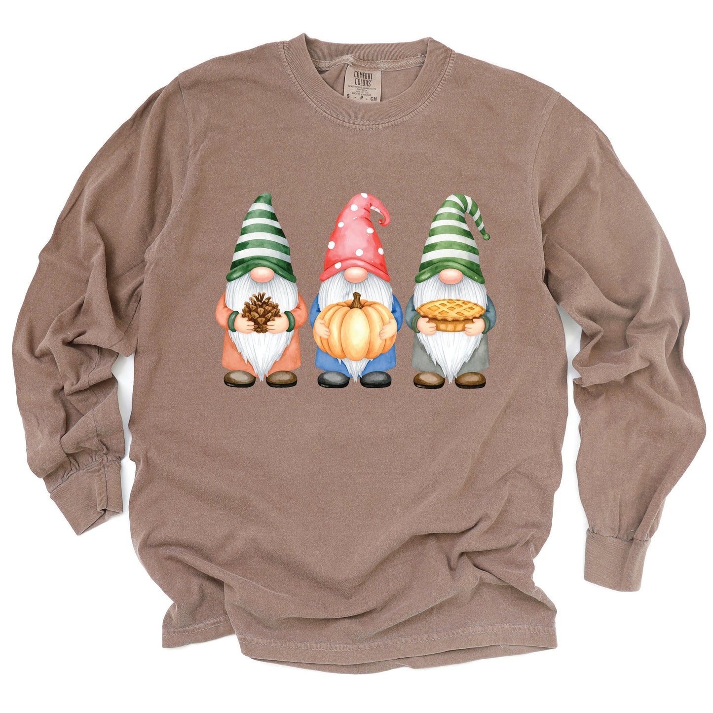 Fall Three Gnomes - Women's Garment Dyed Long Sleeve Graphic T-Shirt