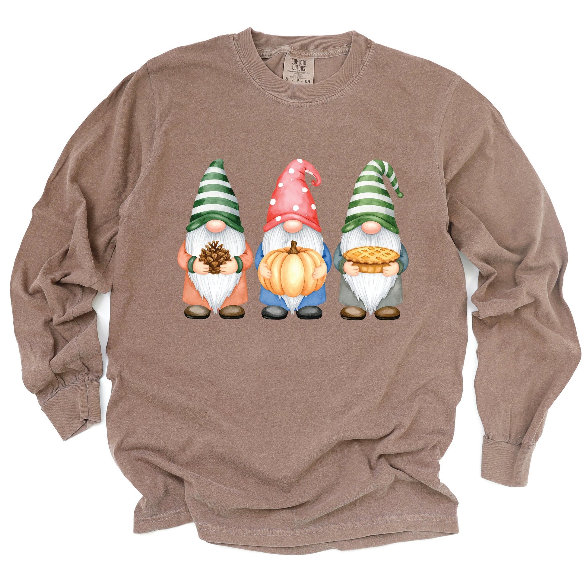 Fall Three Gnomes - Women's Garment Dyed Long Sleeve Graphic T-Shirt