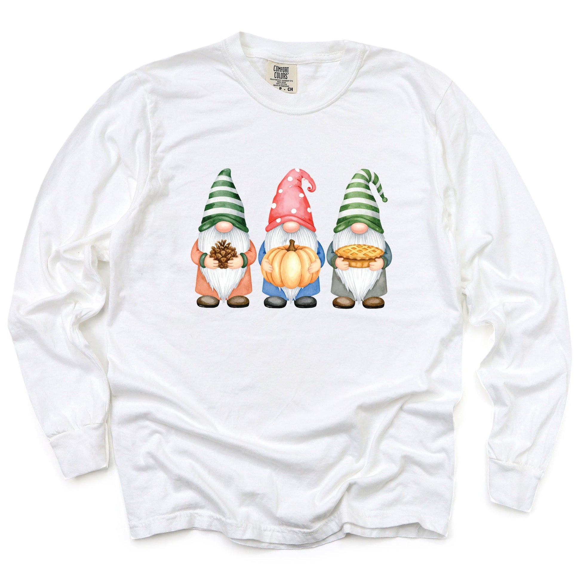 Fall Three Gnomes - Women's Garment Dyed Long Sleeve Graphic T-Shirt