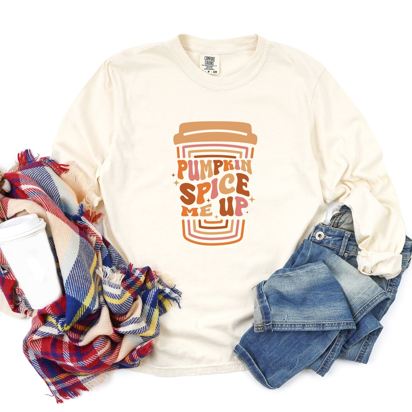 Pumpkin Spice Me Up Cup - Women's Garment Dyed Long Sleeve Graphic T-Shirt