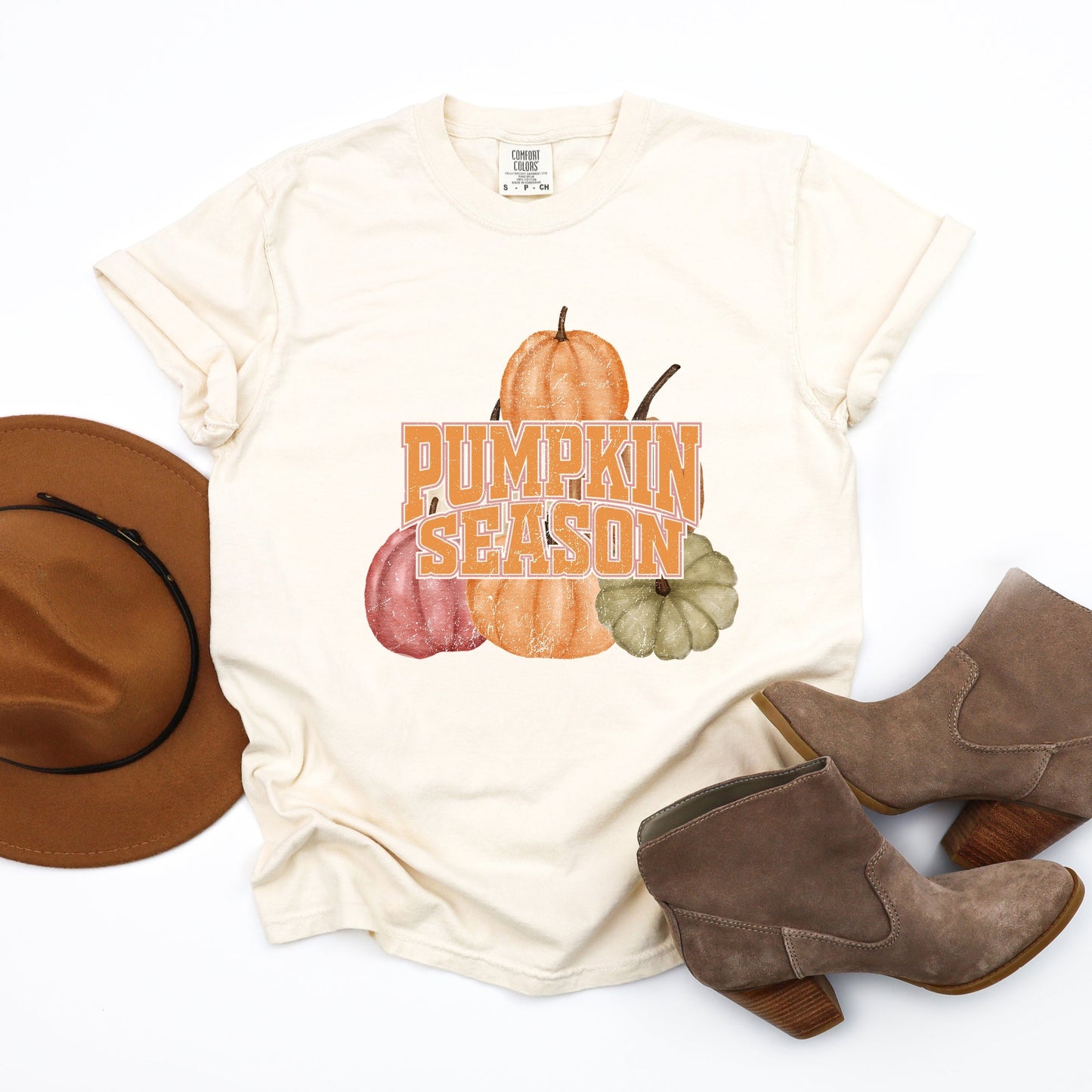 Pumpkin Season Stacked Distressed - Women's Garment Dyed Graphic T-Shirt