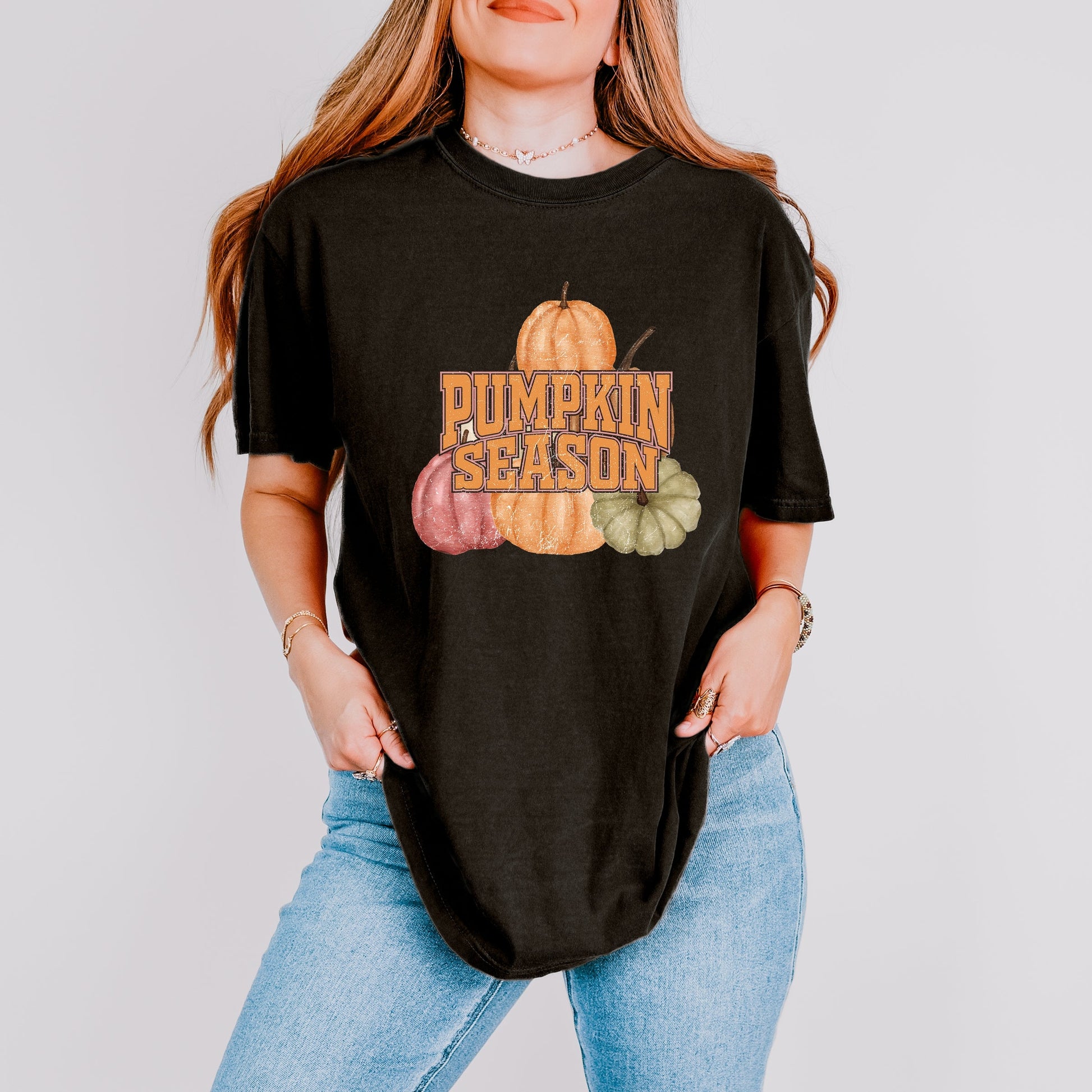 Pumpkin Season Stacked Distressed - Women's Garment Dyed Graphic T-Shirt