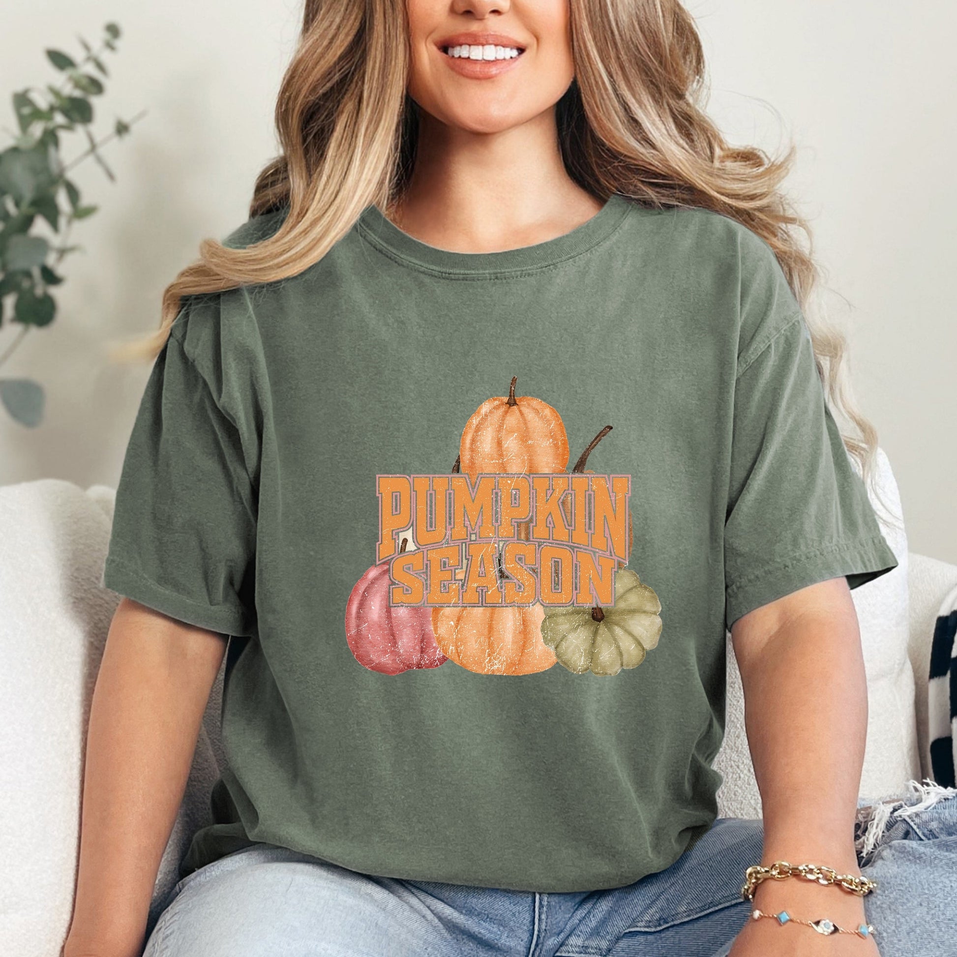 Pumpkin Season Stacked Distressed - Women's Garment Dyed Graphic T-Shirt