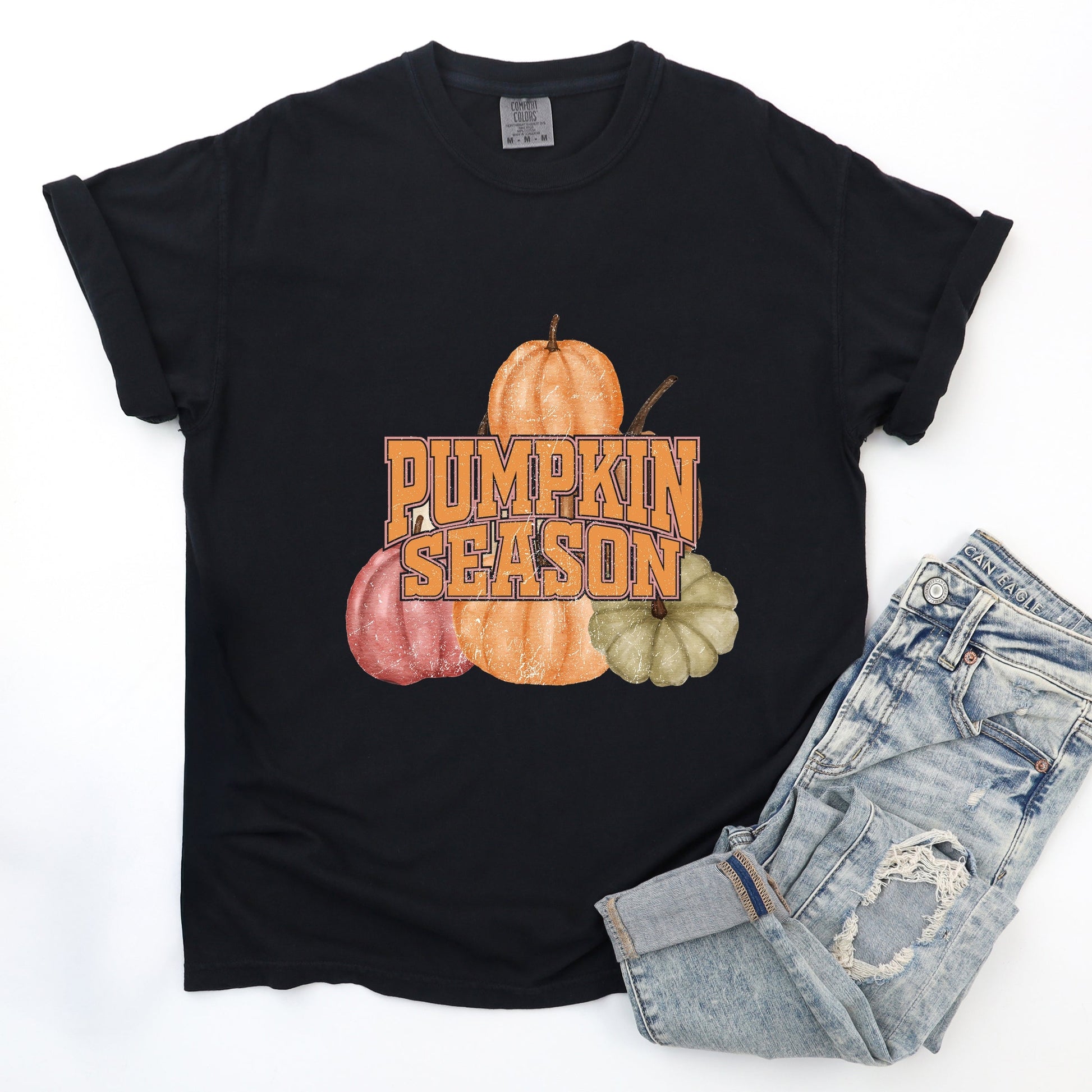 Pumpkin Season Stacked Distressed - Women's Garment Dyed Graphic T-Shirt