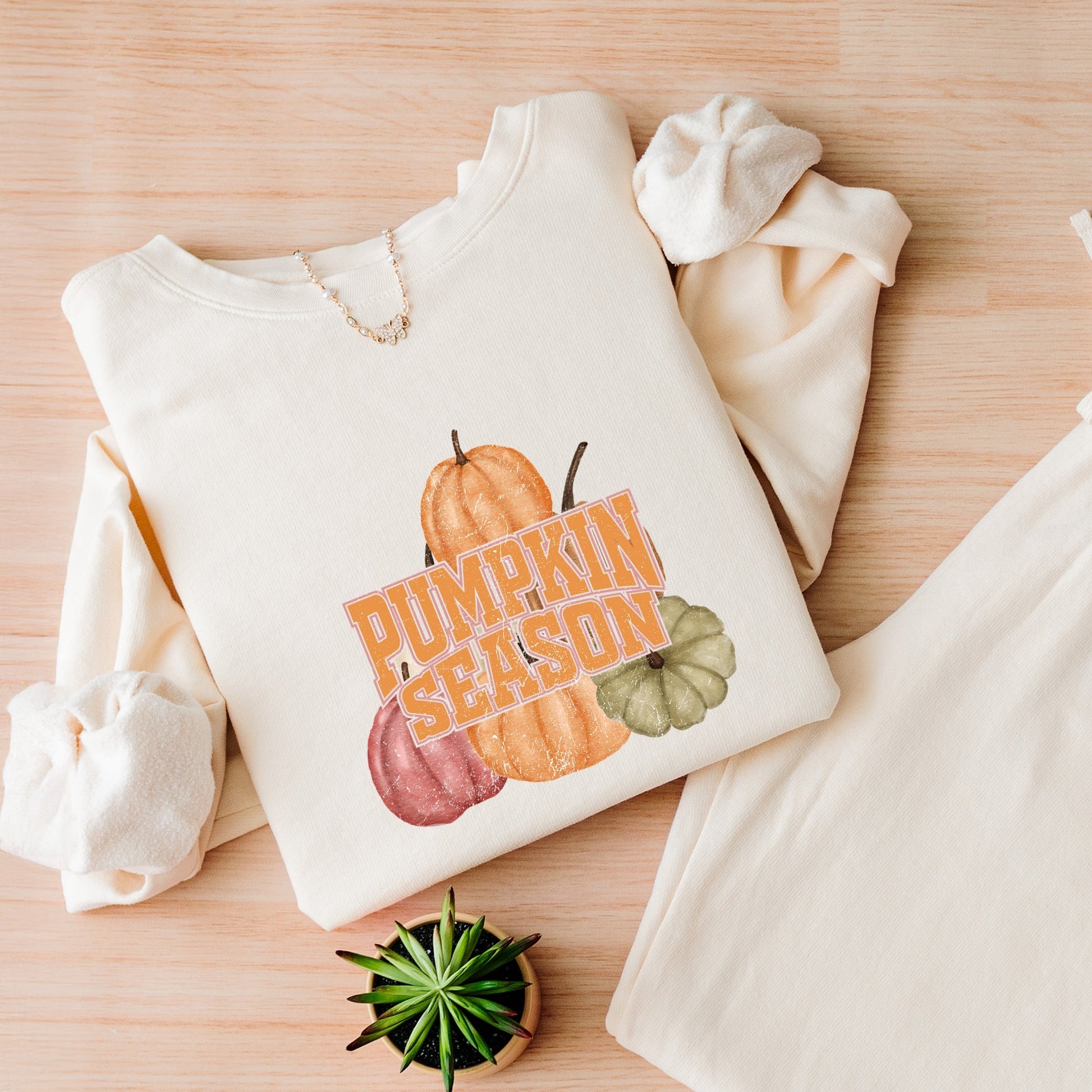 Pumpkin Season Stacked Distressed - Women's Lightweight Garment Dyed Sweatshirt