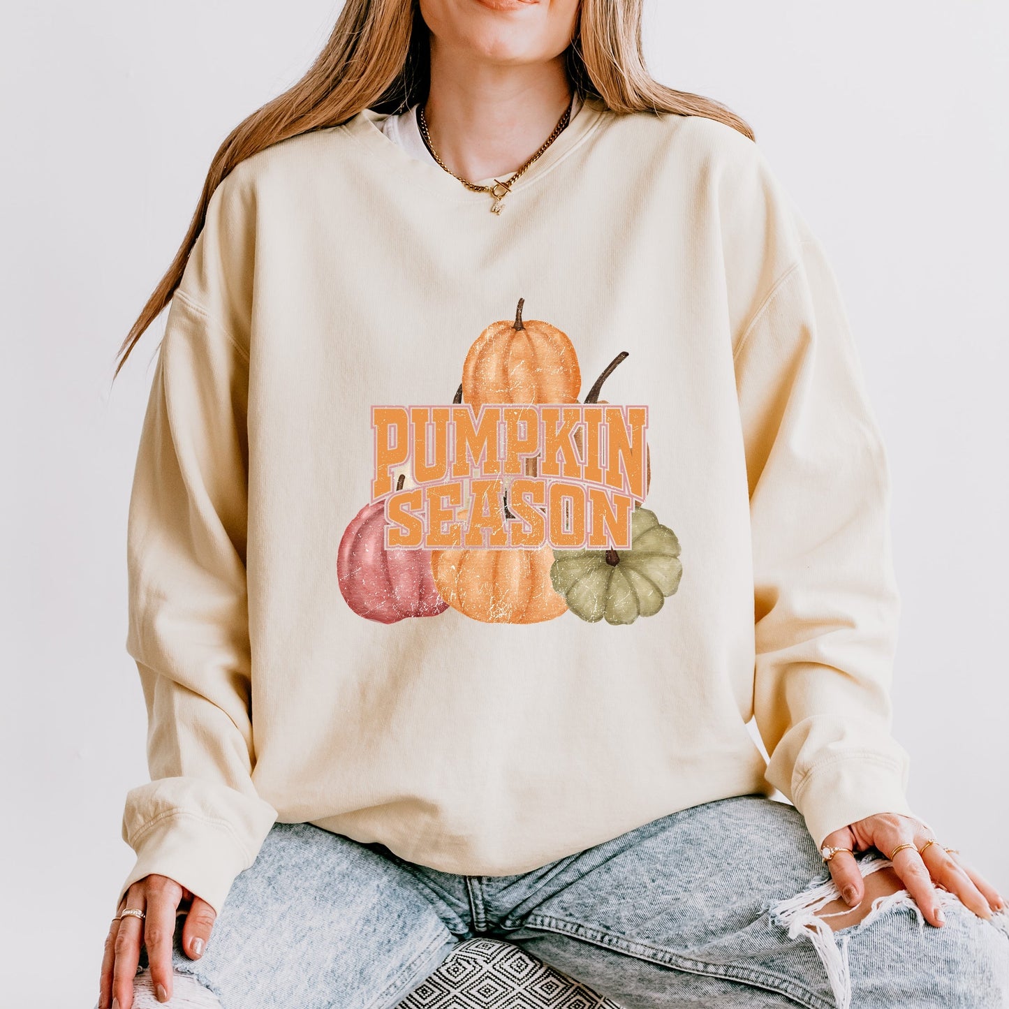 Pumpkin Season Stacked Distressed - Women's Lightweight Garment Dyed Sweatshirt