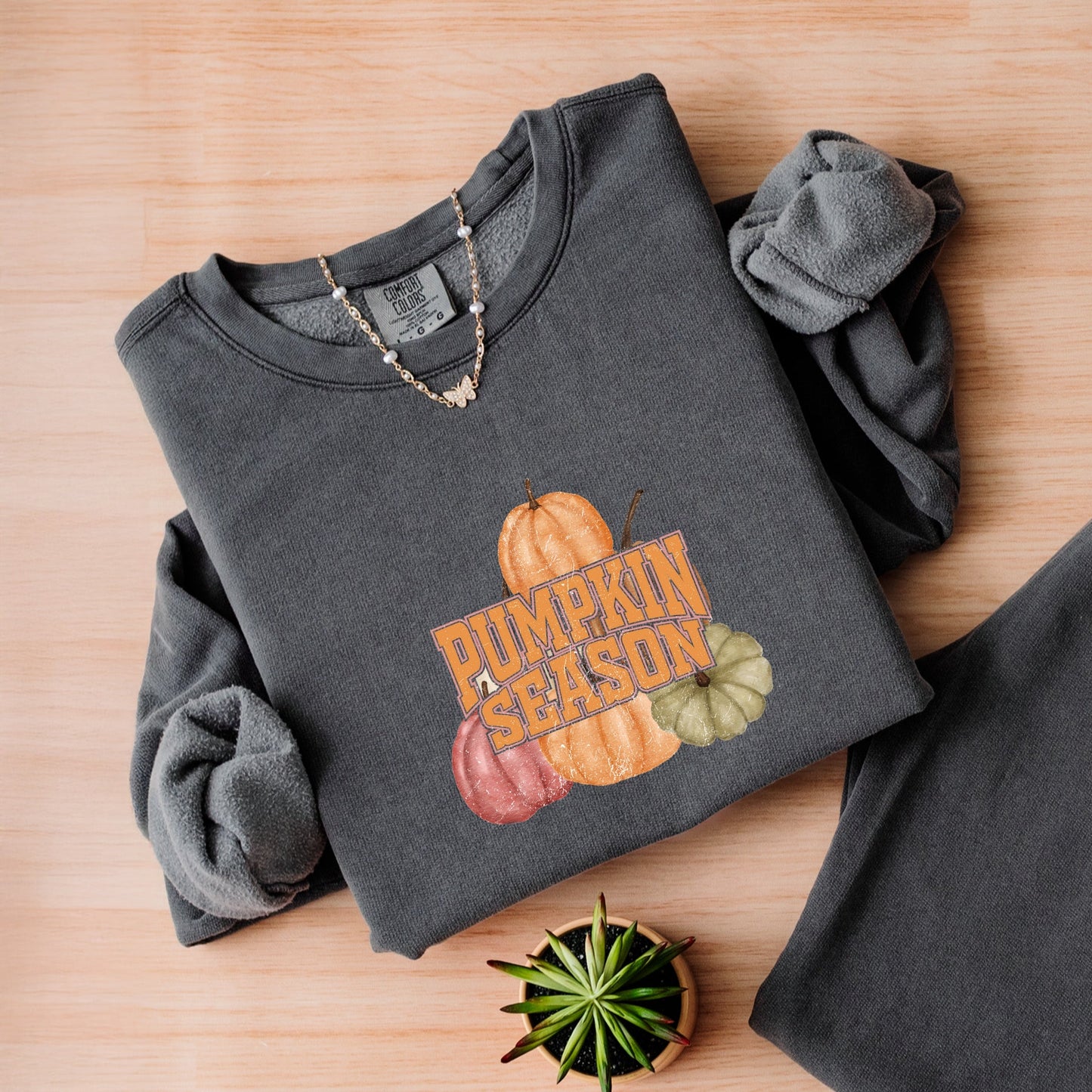 Pumpkin Season Stacked Distressed - Women's Lightweight Garment Dyed Sweatshirt