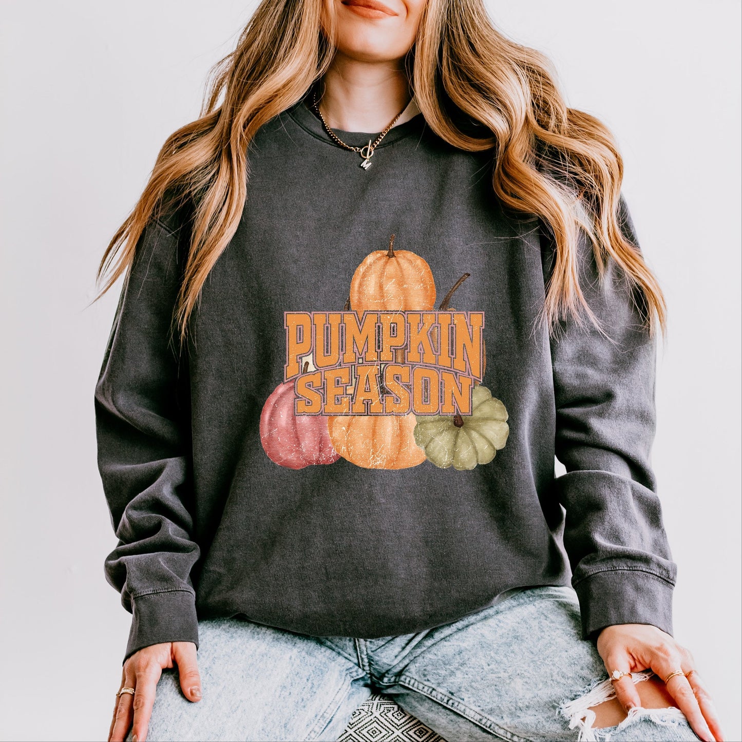 Pumpkin Season Stacked Distressed - Women's Lightweight Garment Dyed Sweatshirt