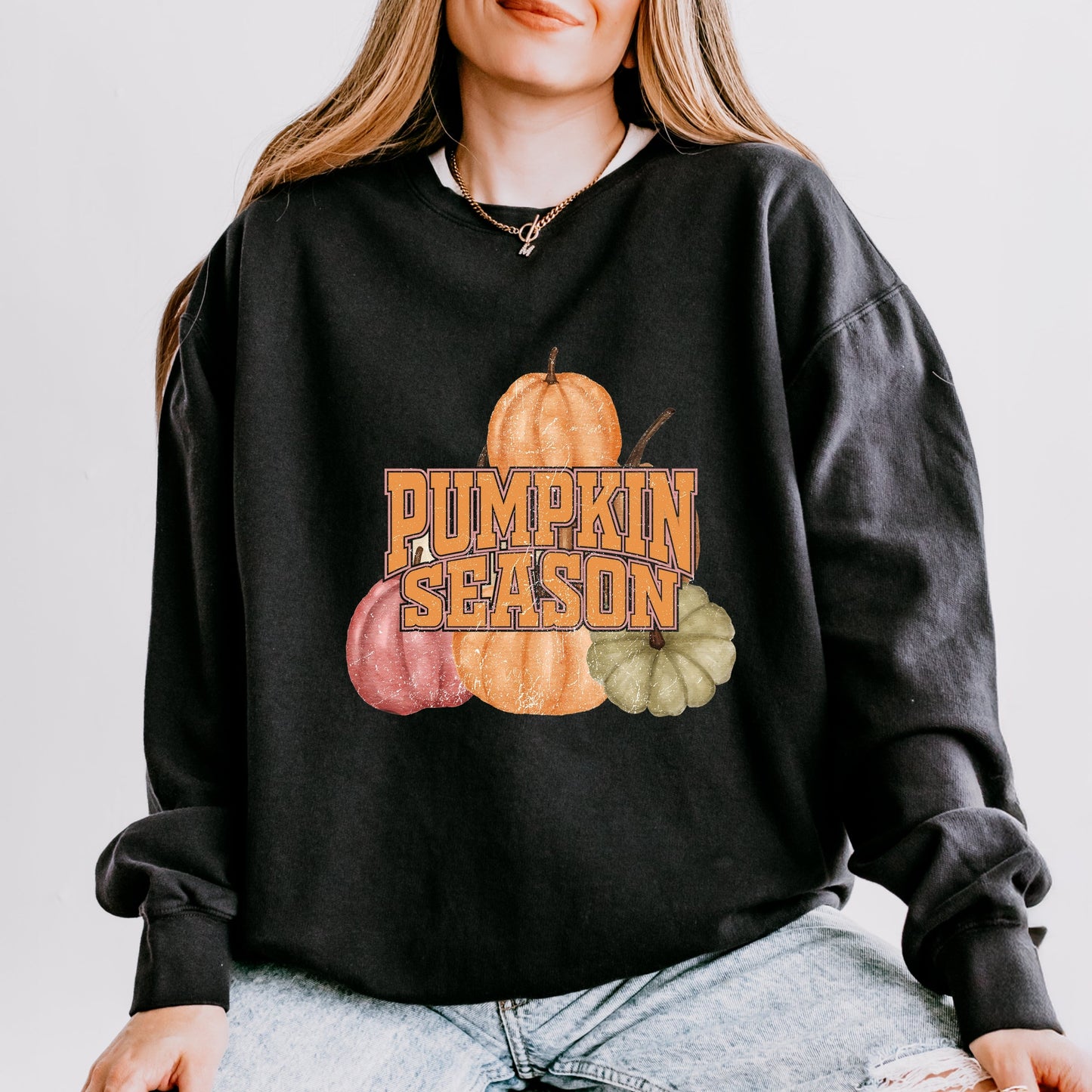 Pumpkin Season Stacked Distressed - Women's Lightweight Garment Dyed Sweatshirt