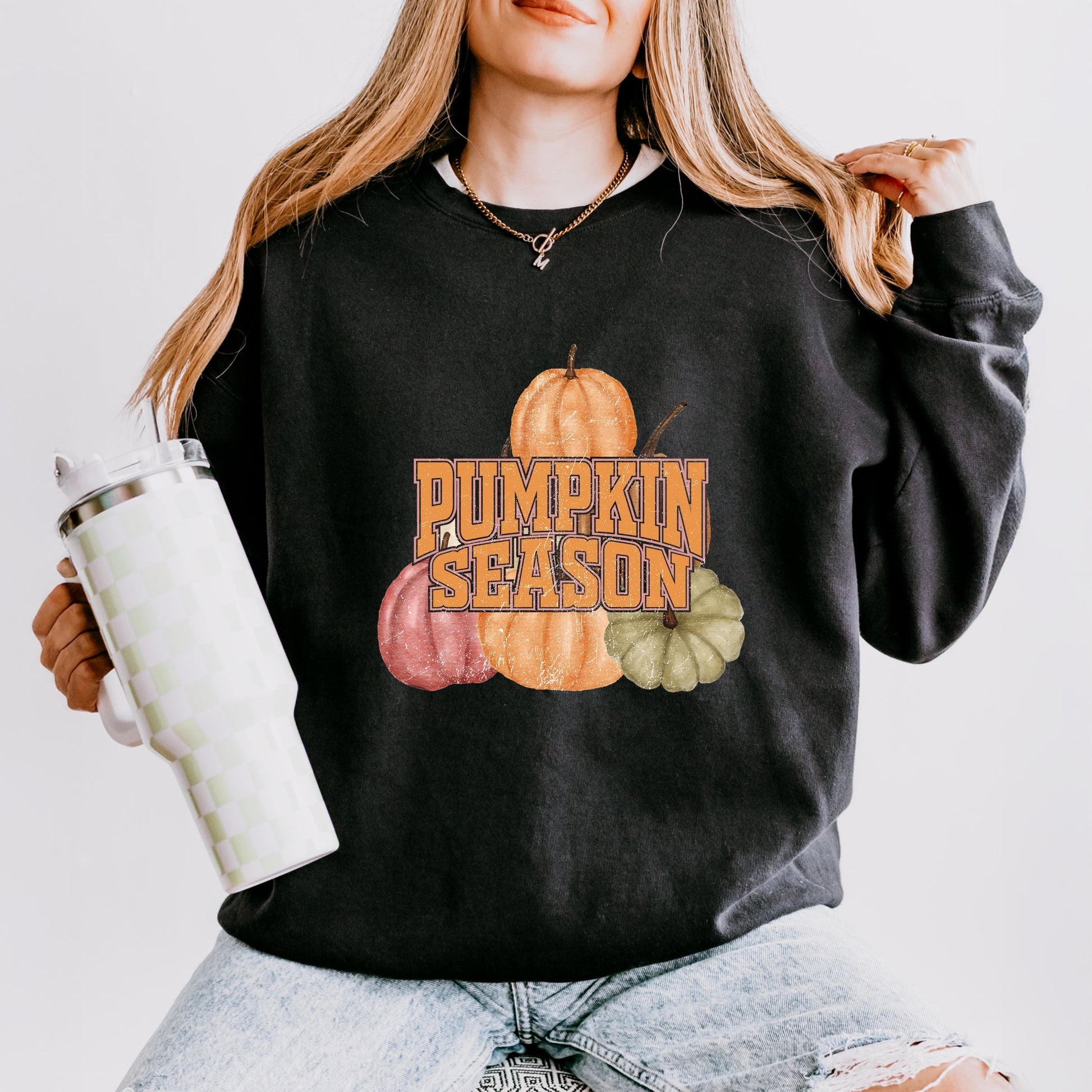Pumpkin Season Stacked Distressed - Women's Lightweight Garment Dyed Sweatshirt